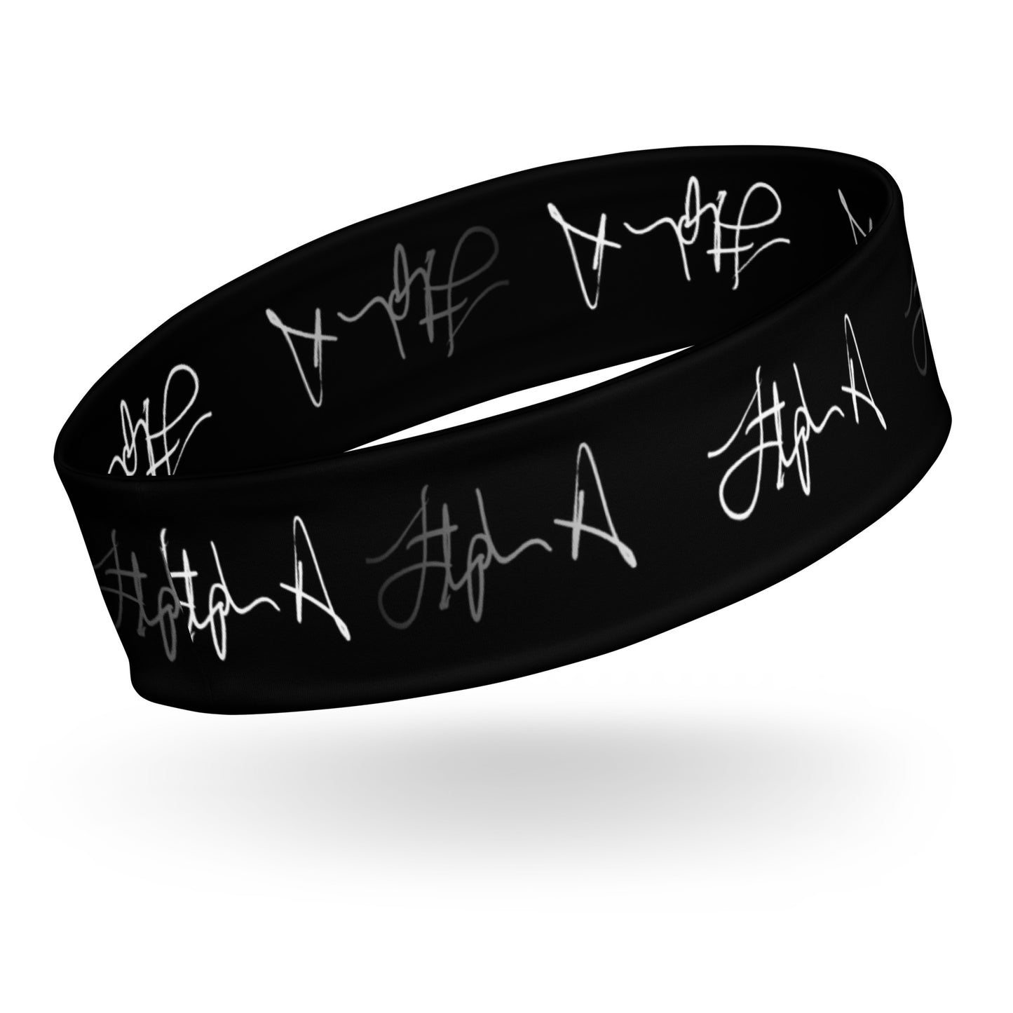 A black silicone wristband featuring a repeating pattern of stylized white and gray script signatures, shown floating on a white background with a soft drop shadow. Stephen Allen Music