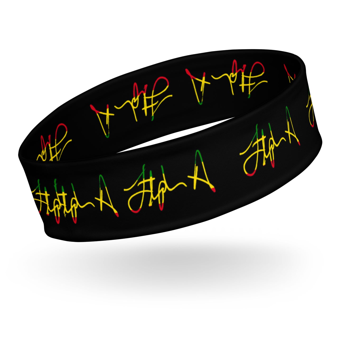 A black silicone wristband featuring a repeating pattern of stylized cursive script in red, yellow, and green, shown floating on a white background with a soft drop shadow. Stephen Allen Music