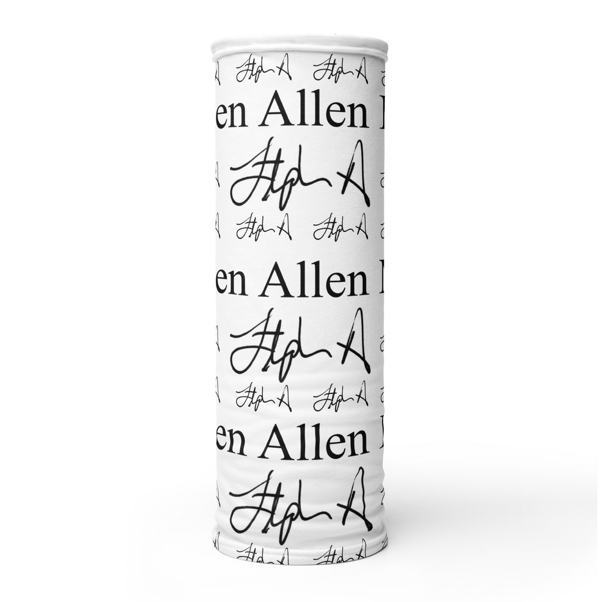 A white rectangular towel or mat featuring a repeating black pattern of the text 'Stephen Allen Music' and stylized script signatures, shown flat against a light gray background.