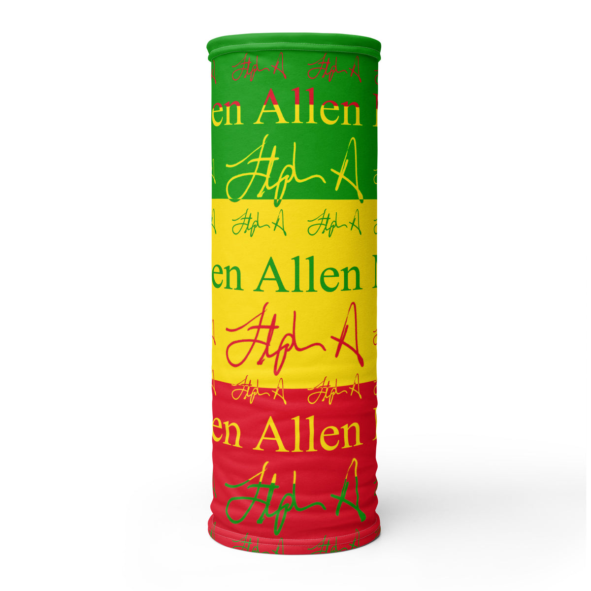 A rectangular beach towel featuring the Rastafarian flag colors of green, yellow, and red, printed with 'Stephen Allen Music' and multiple stylized signature graphics.