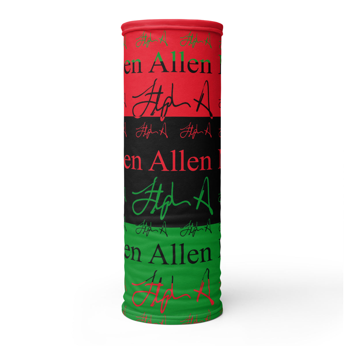 A rectangular towel featuring a horizontal striped pattern of red, black, and green, with 'Stephen Allen Music' text and stylized signatures printed across it, shown on a plain white background.