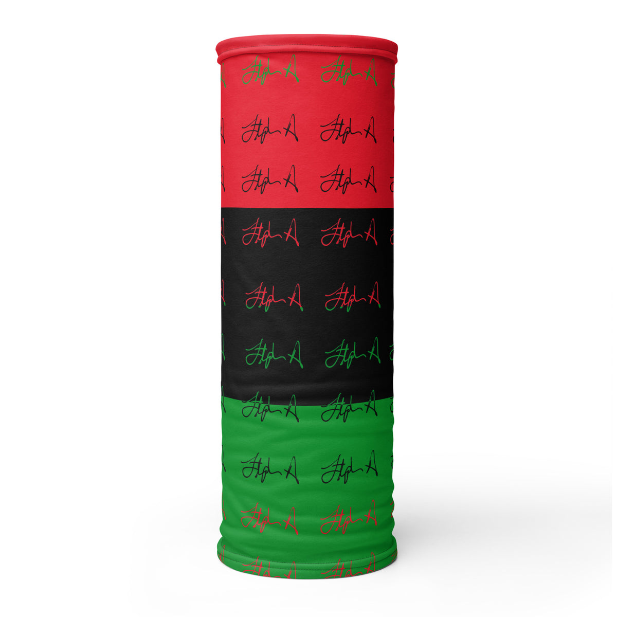 A rectangular fabric item, likely a blanket or towel, featuring a horizontal striped pattern of red, black, and green, with a repeating script logo pattern in green and red. Stephen Allen Music