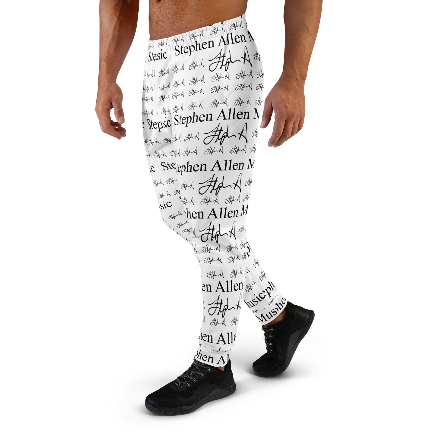 White athletic leggings with a black repeating pattern of 'Stephen Allen Music' text and script, modeled on a person against a white background.