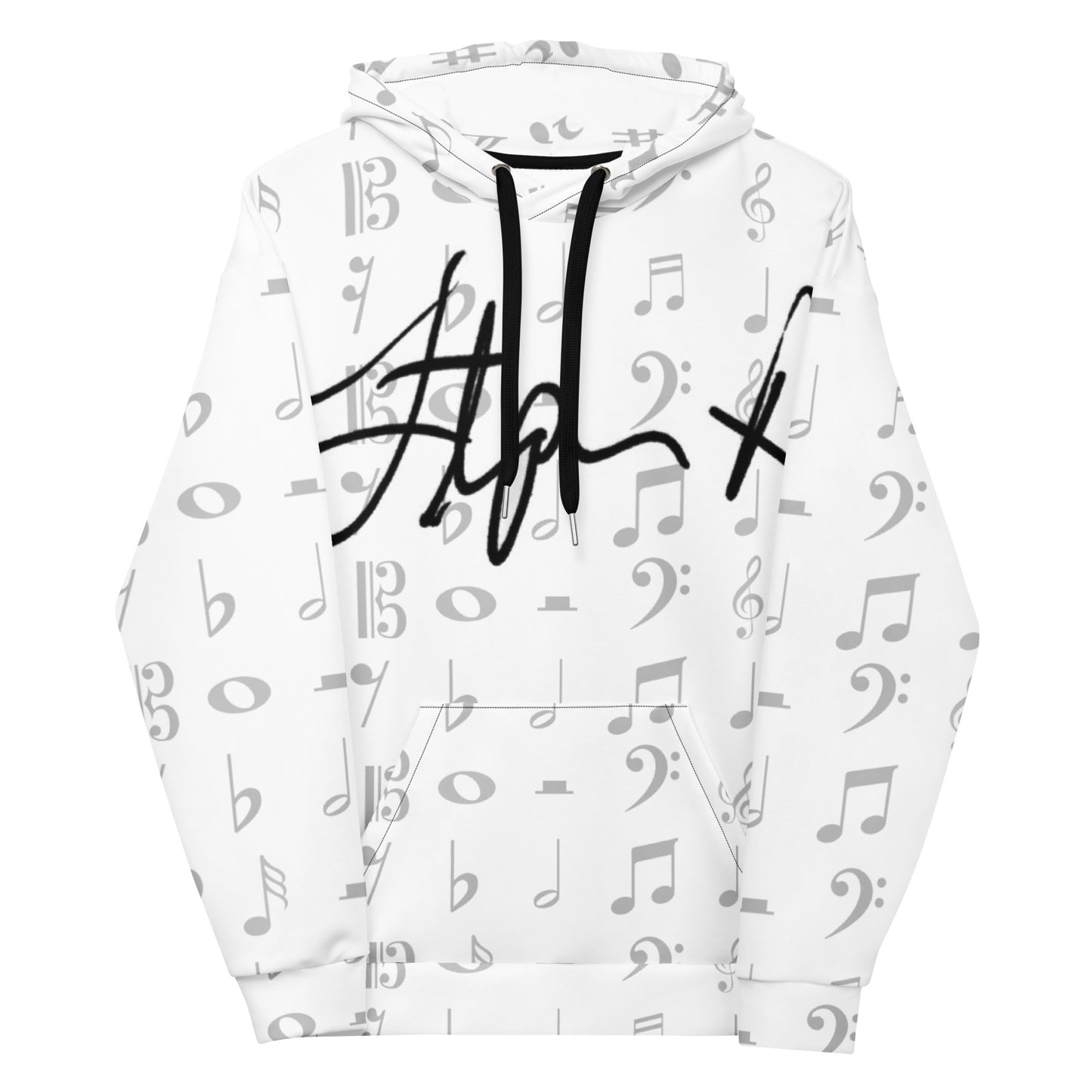 White hoodie with musical note pattern and black logo on a white background Stephen Allen Music