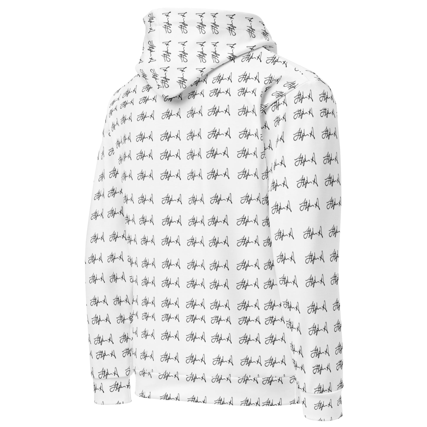 A white hooded sweatshirt featuring an all-over black repeating script pattern, shown on a plain white background.