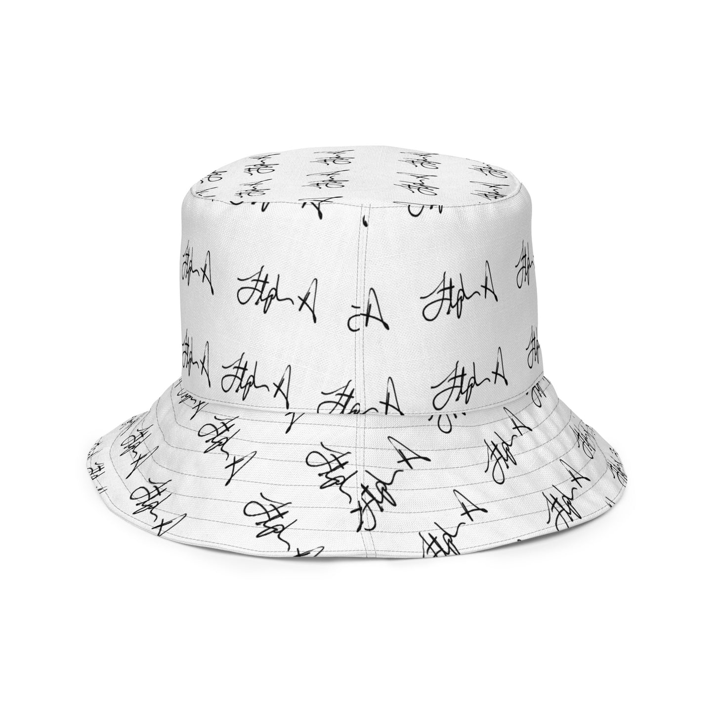A white bucket hat with an all-over white script signature pattern, shown against a plain white background. Stephen Allen Music