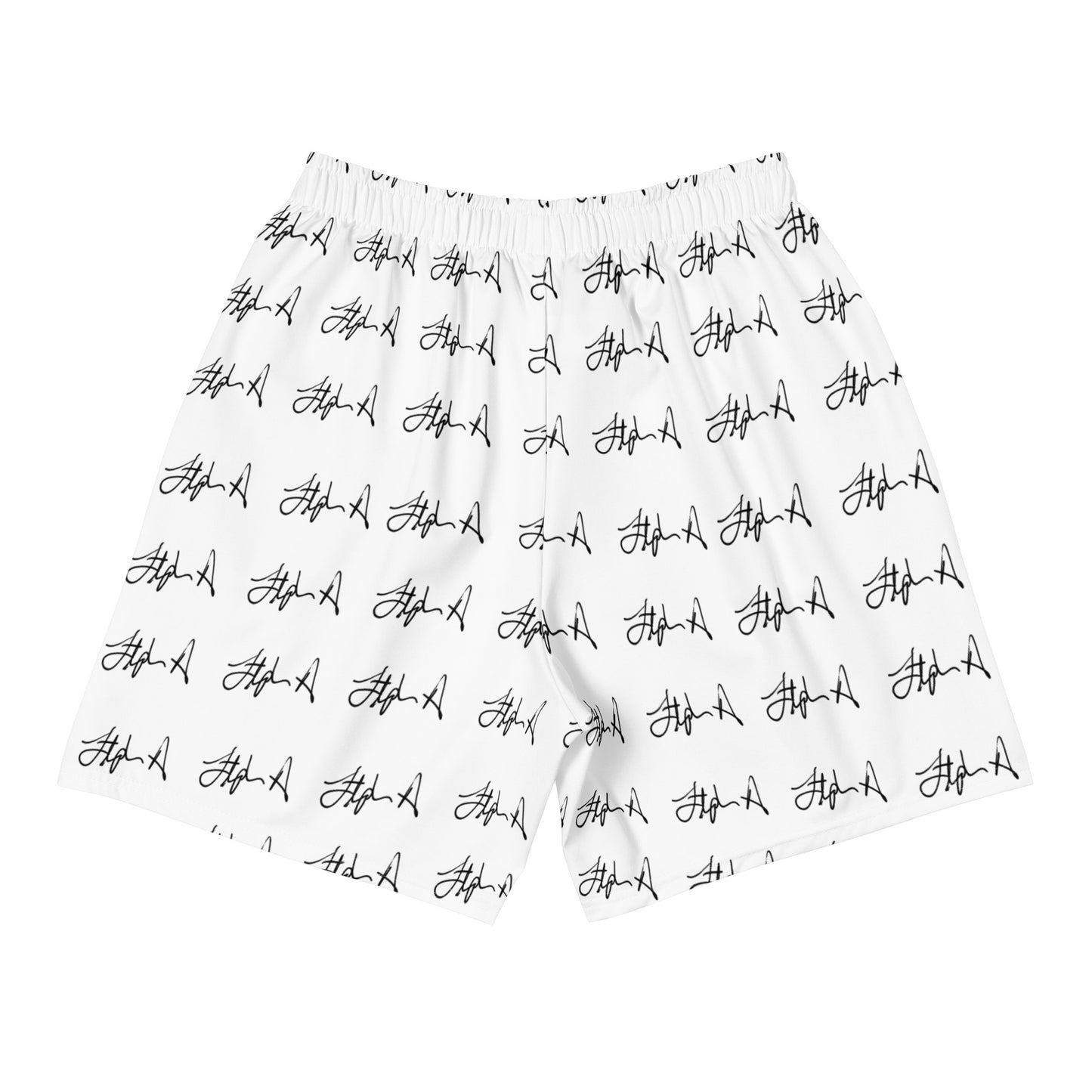 White shorts featuring an all-over black script signature pattern, displayed flat against a solid white background. Stephen Allen Music