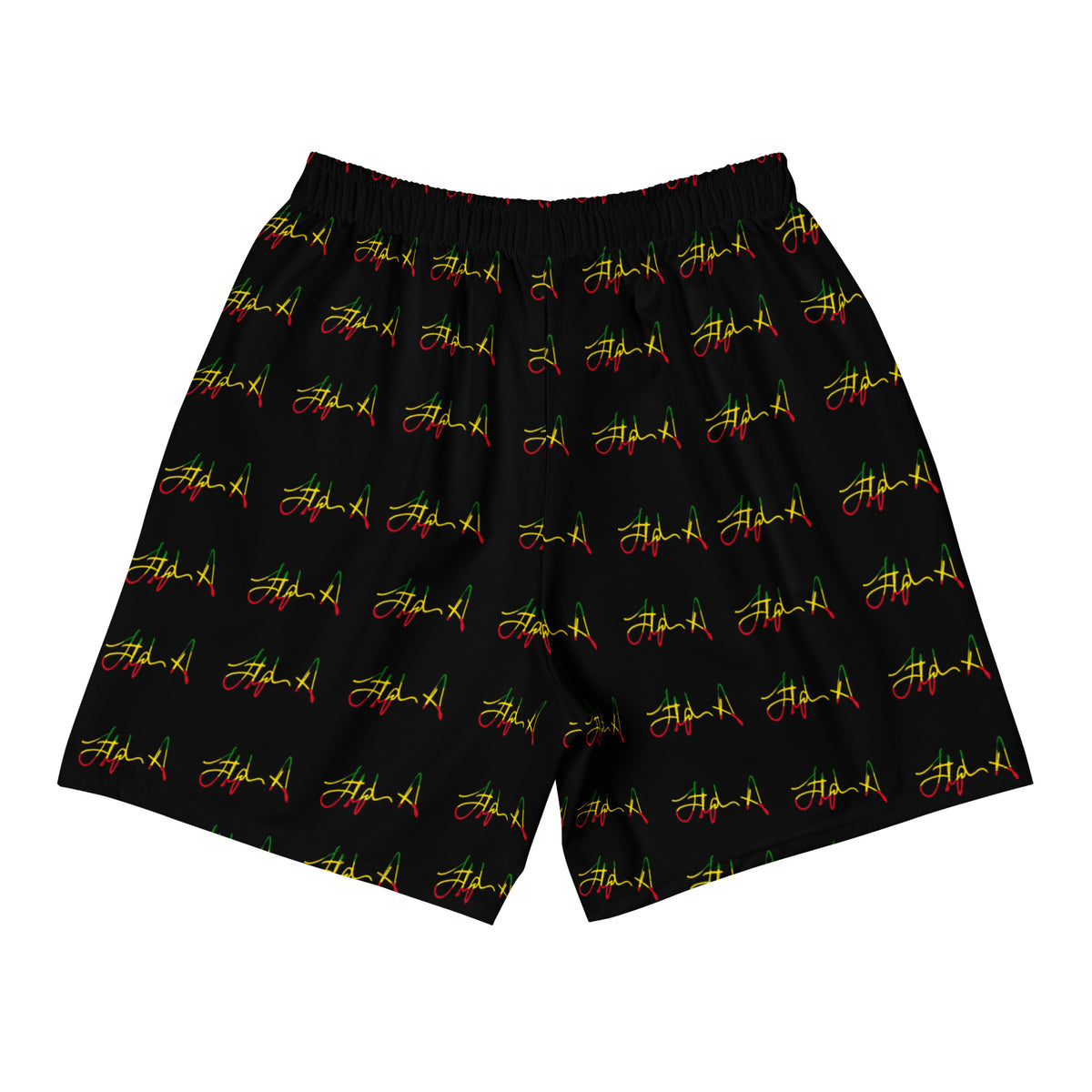 Black athletic shorts featuring an all-over repeating pattern of stylized red and yellow script logos, displayed flat against a solid white background. Stephen Allen Music