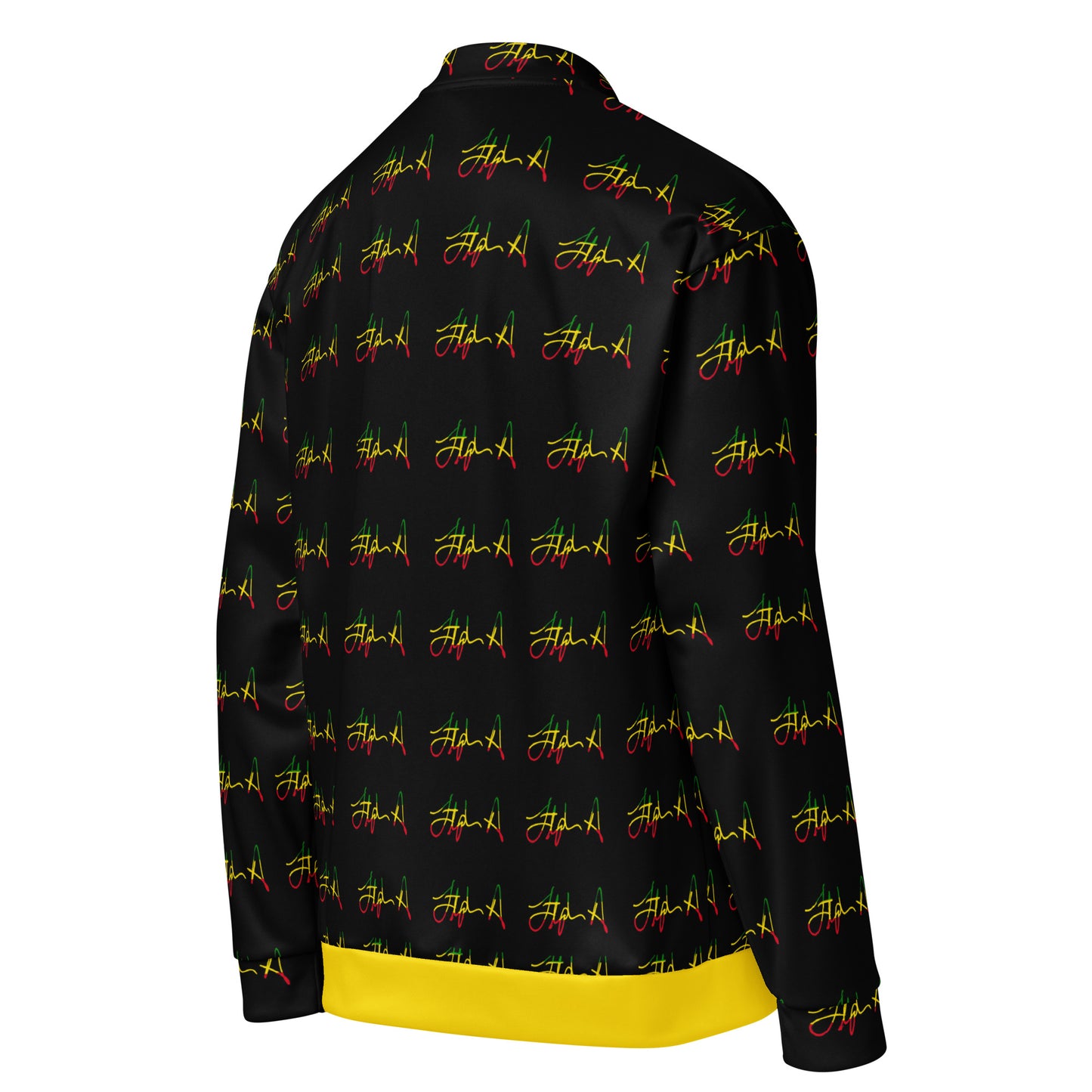 A black zip-up jacket featuring an all-over repeating script pattern in red, yellow, and green, with a solid yellow hem and matching yellow and green accents on the side pockets. Stephen Allen Music