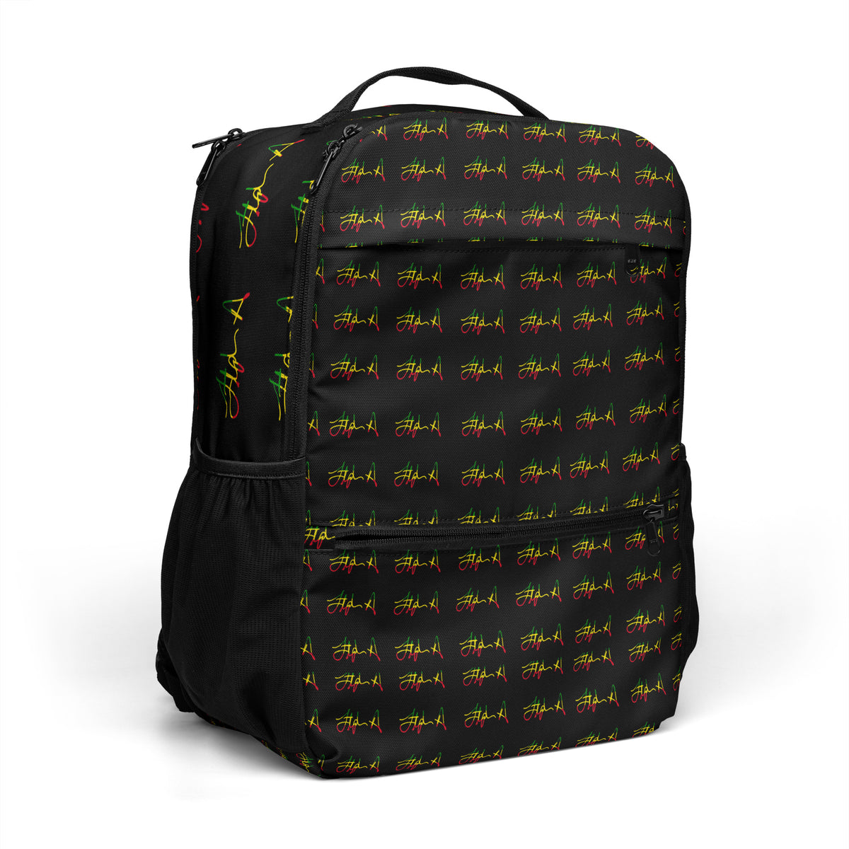 A black backpack featuring a repeating pattern of yellow and red stylized script logos, with a black top handle and side pockets, shown on a plain white background. Stephen Allen Music
