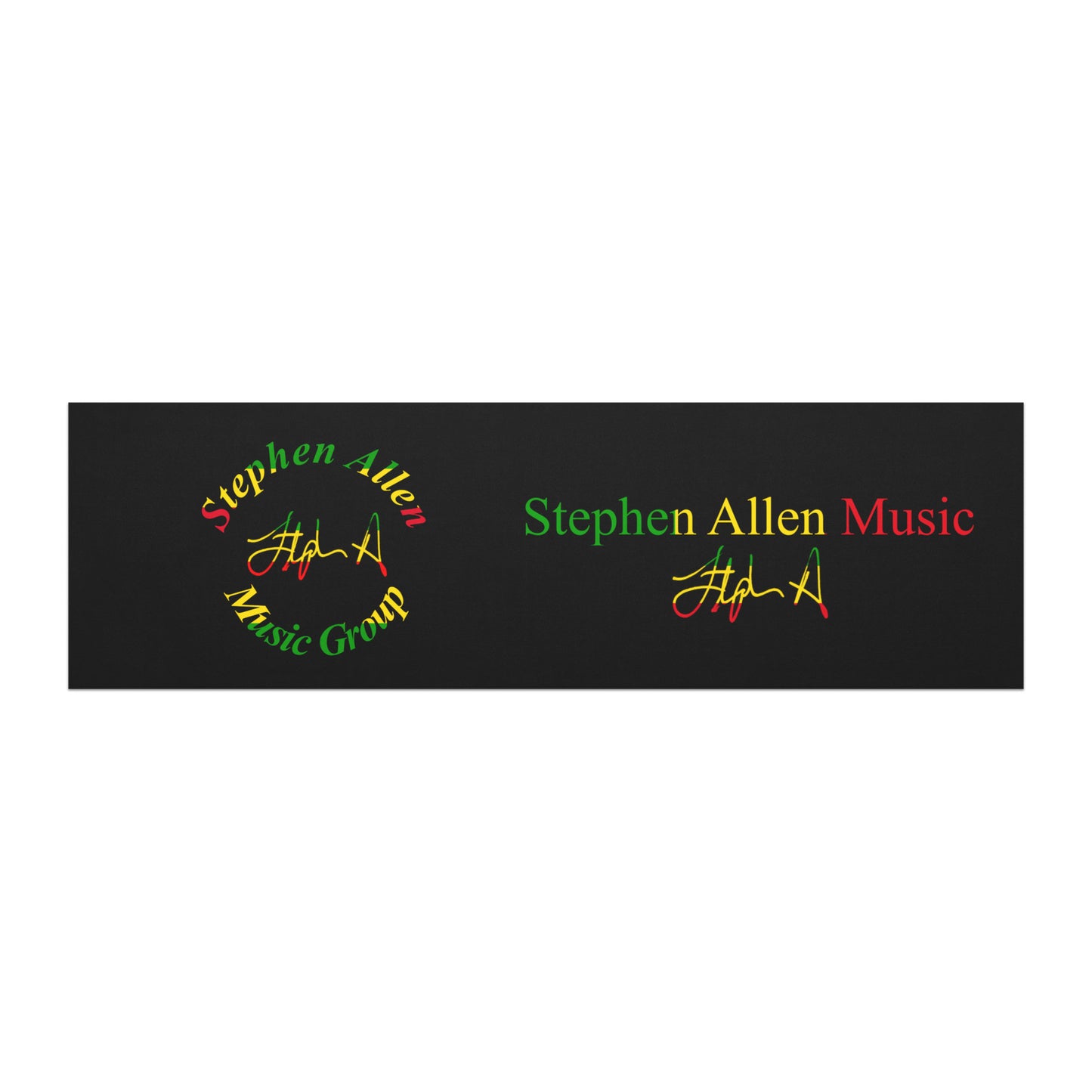 A black rectangular banner or sticker featuring Stephen Allen Music branding, with two stylized signatures and the text 'Stephen Allen Music' in green, yellow, and red on a white background.