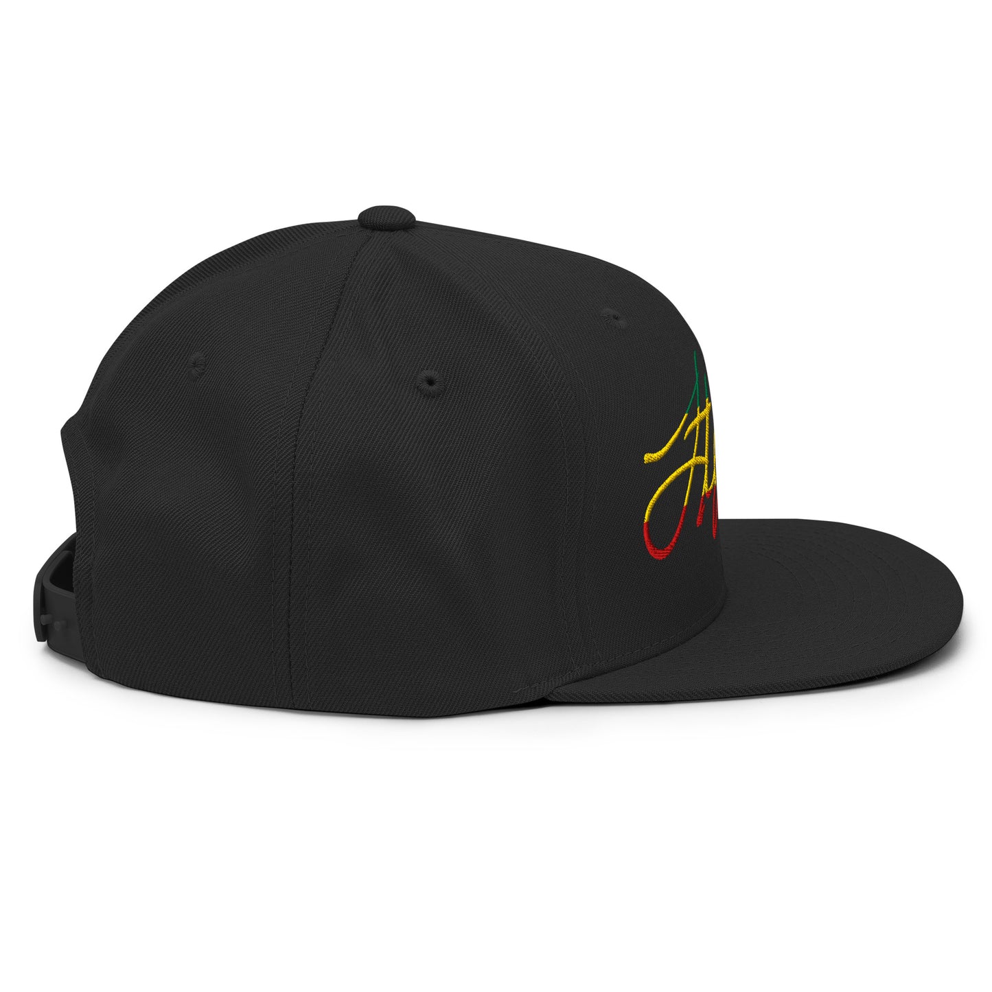 A black flat-brim baseball cap featuring a stylized embroidered signature logo in yellow, green, and red thread on the front panel, set against a plain white background. Stephen Allen Music