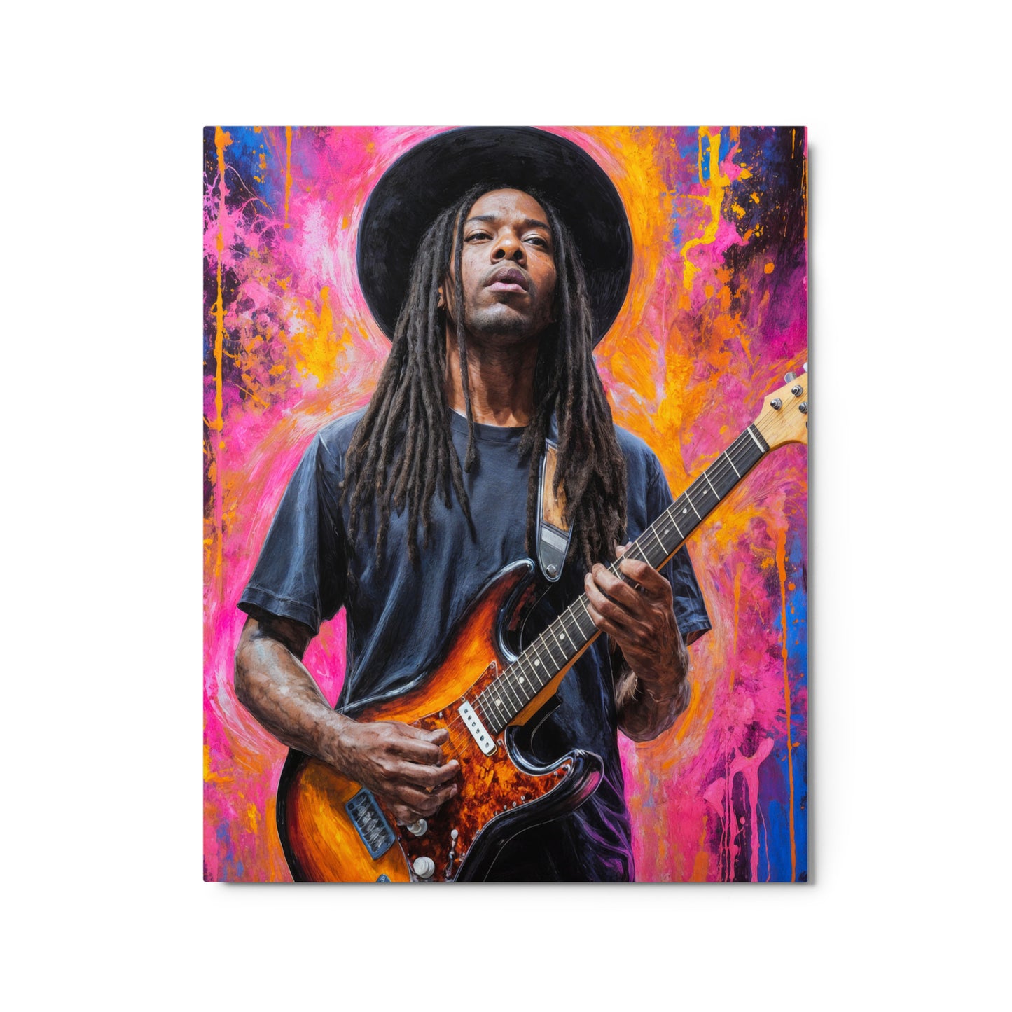 Painting of a person playing guitar with a colorful abstract background Stephen Allen Music