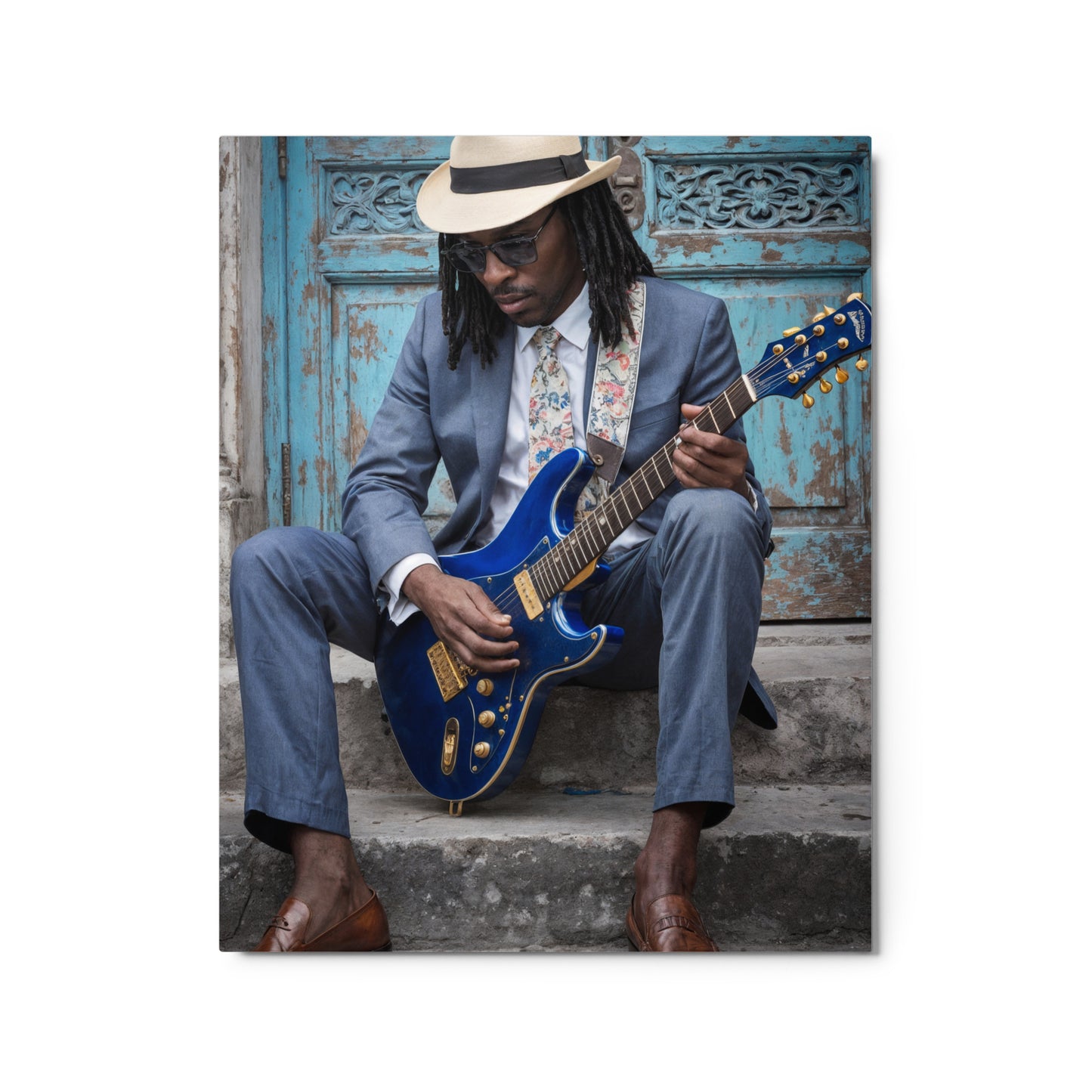 Man playing a blue electric guitar against a rustic wooden door background Stephen Allen Music