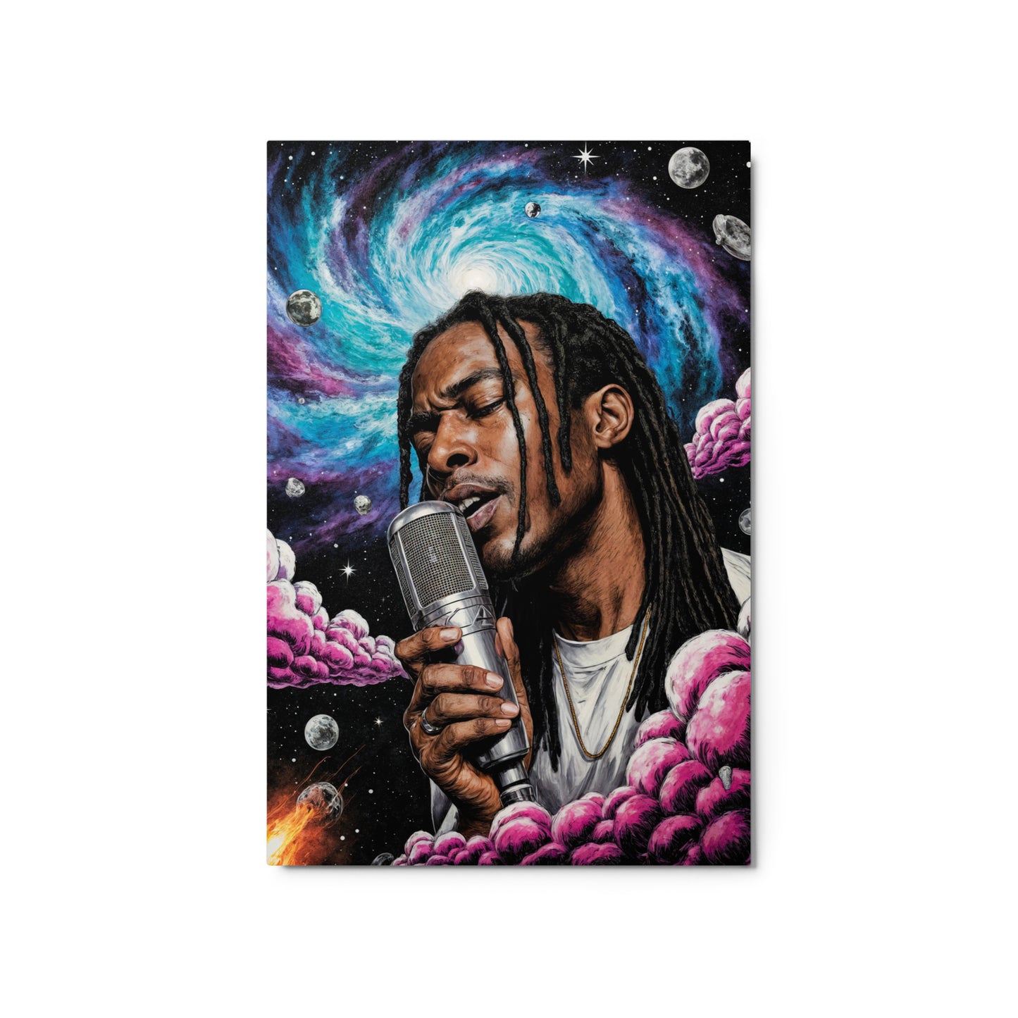Artistic depiction of a person with dreadlocks holding a microphone against a cosmic background. Stephen Allen Music