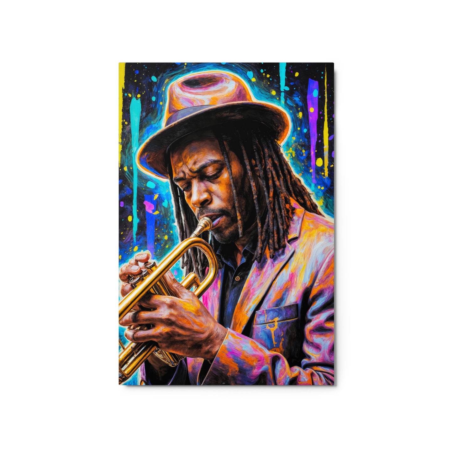 Colorful painting of a musician playing a trumpet with a vibrant background Stephen Allen Music