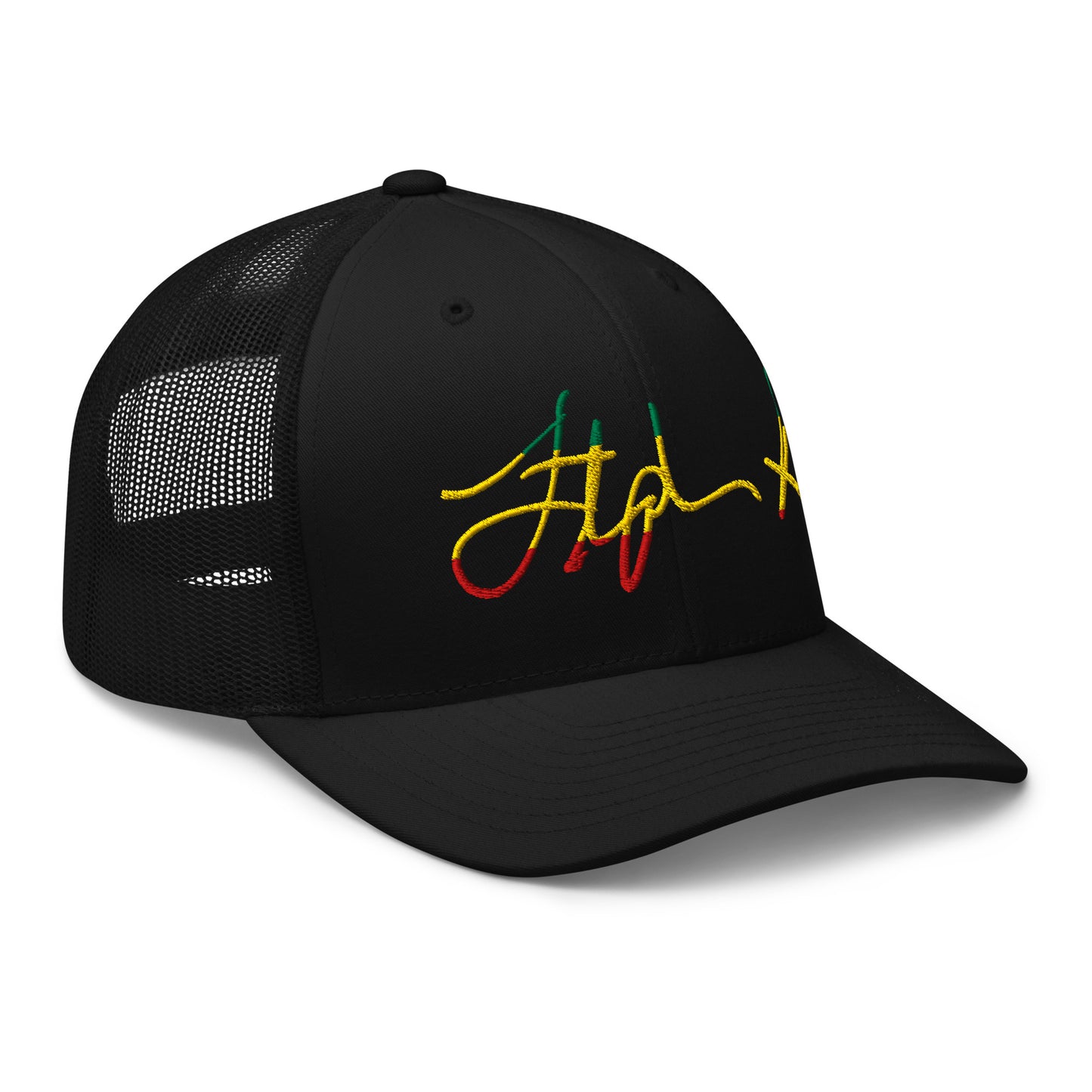 A black trucker-style cap with a curved brim and black mesh back panels, featuring a stylized embroidered script logo on the front in yellow, green, and red. Stephen Allen Music