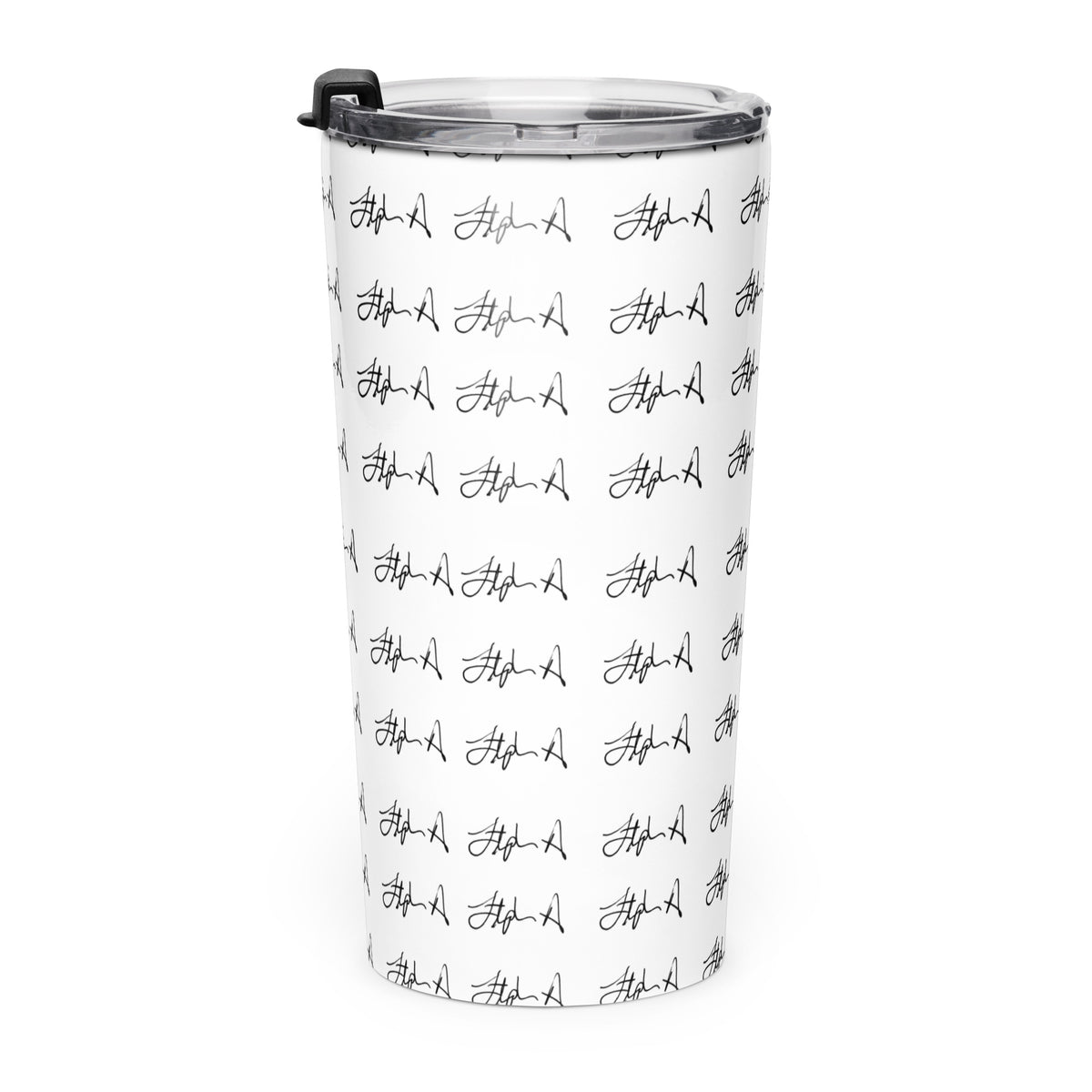 A white insulated travel tumbler with a black lid and black script logo print all over, shown on a plain white background. Stephen Allen Music