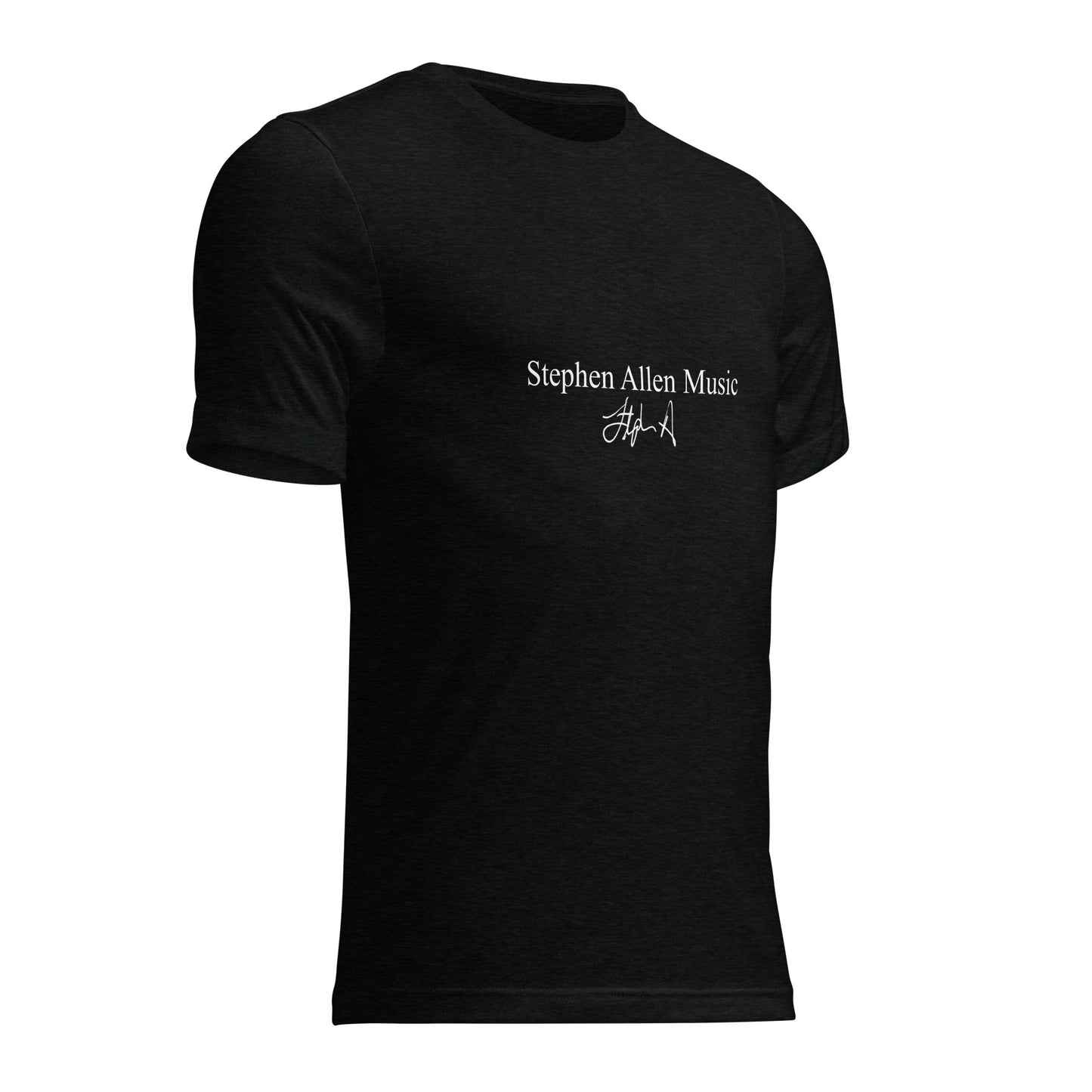 Black t-shirt with colorful Stephen Allen Music logo design and text on a white background