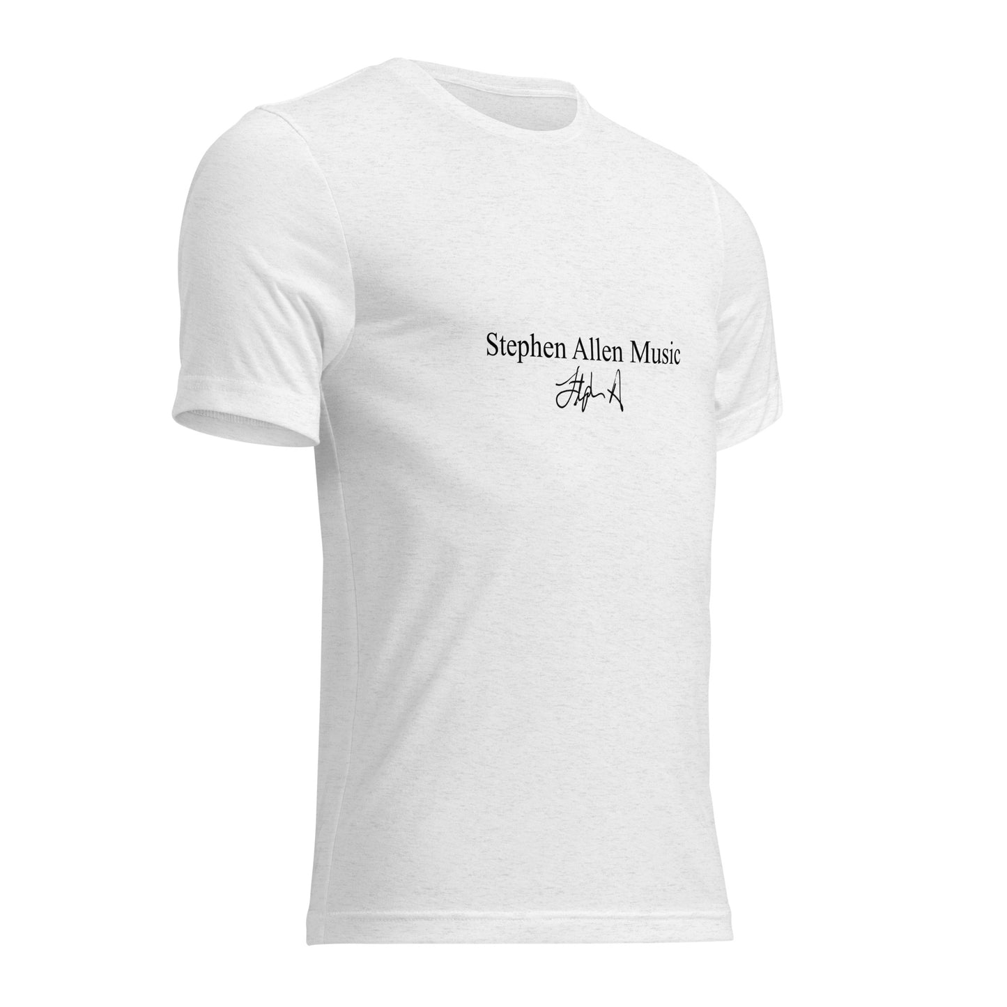 A white short-sleeve crewneck t-shirt with 'Stephen Allen Music' and a signature printed in black on the center chest, displayed on a clean white background.