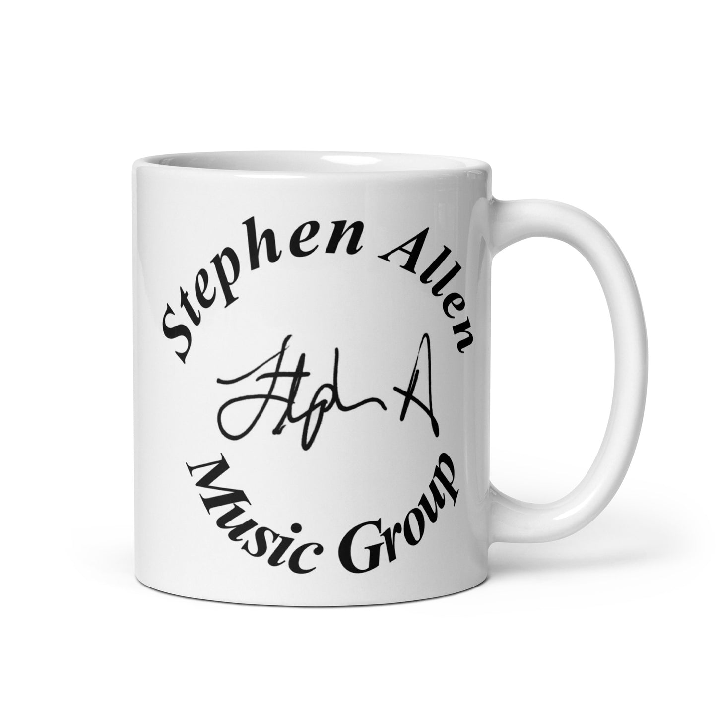 White mug with 'Stephen Allen Music Group' text and signature on a white background