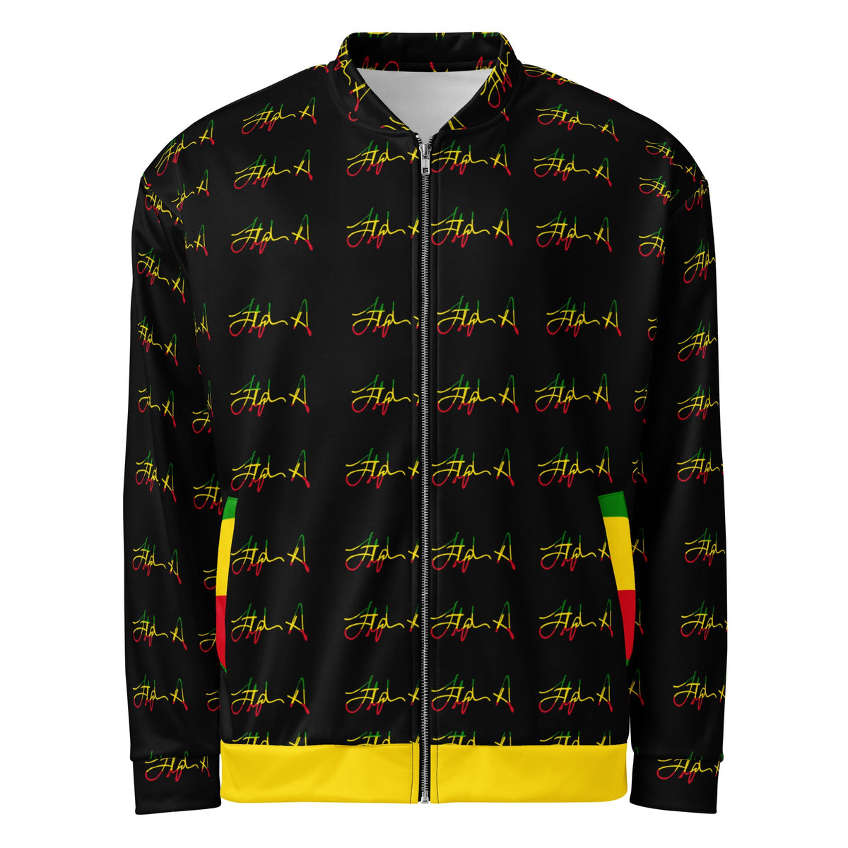 A black zip-up jacket featuring an all-over repeating script pattern in red, yellow, and green, with a solid yellow hem and matching yellow and green accents on the side pockets. Stephen Allen Music