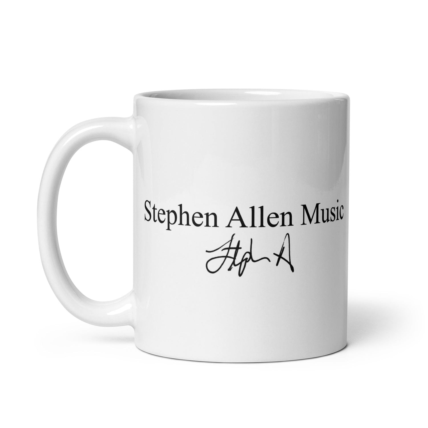 White mug with 'Stephen Allen Music' text and signature on a white background