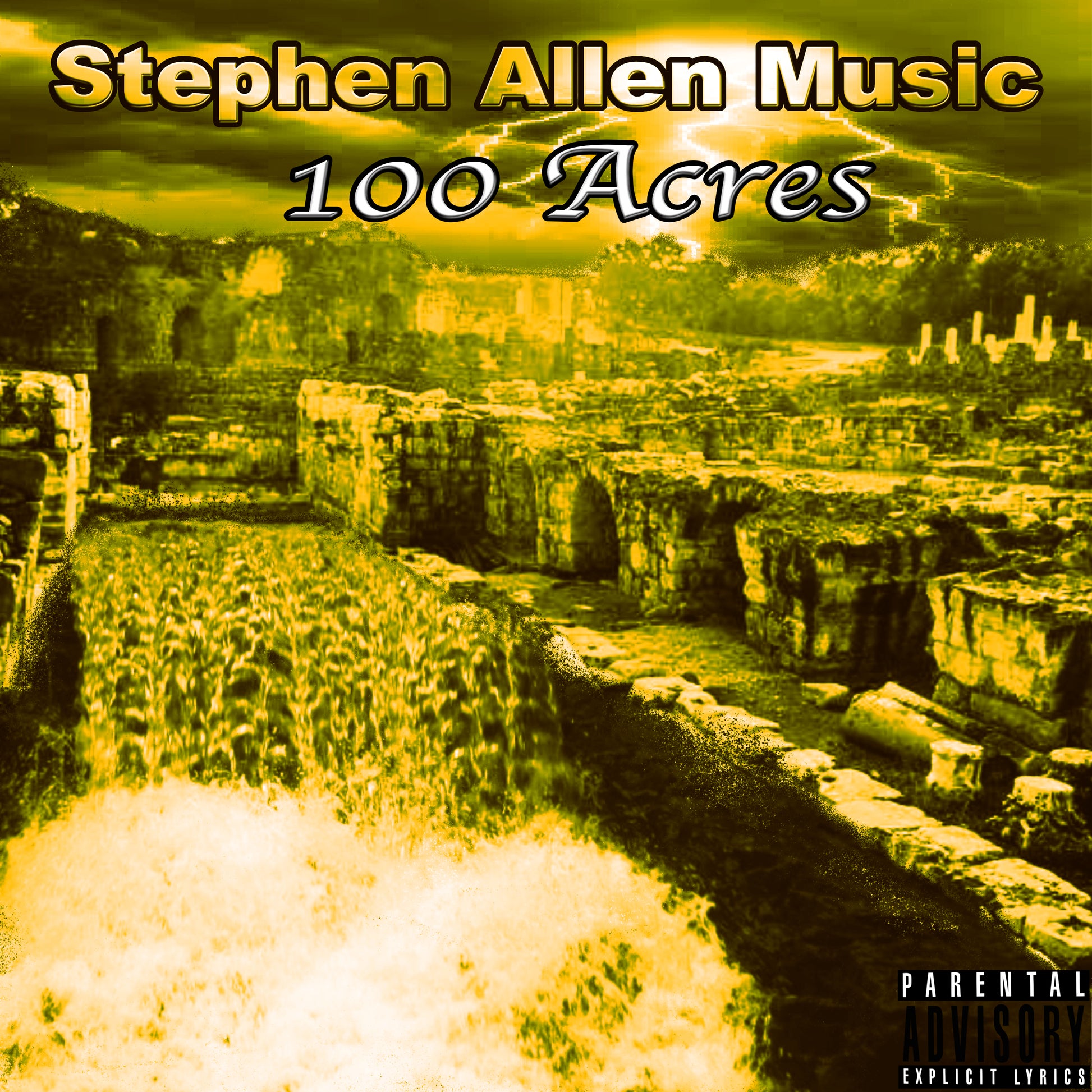 Album cover for '100 Acres' by Stephen Allen Music with a yellow-toned landscape.