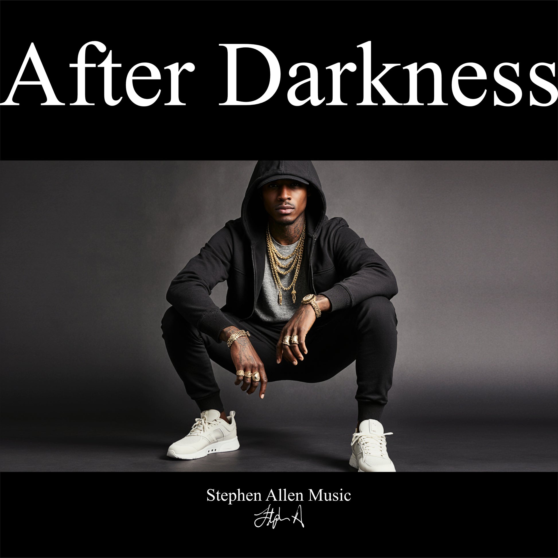 Album cover with a person in a hoodie posing, text 'After Darkness' and 'Stephen Allen Music' at the bottom.