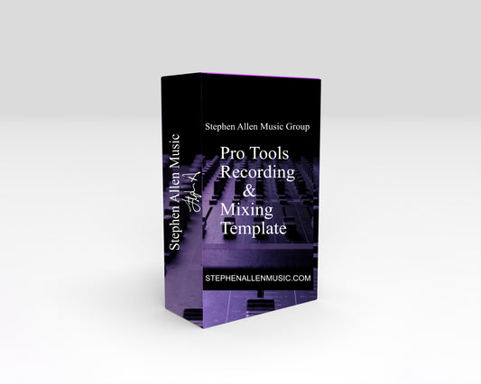 A 3D software box mockup for 'Pro Tools Recording & Mixing Template' by Stephen Allen Music Group, featuring a black and purple design with piano keys, set against a light gray gradient background.