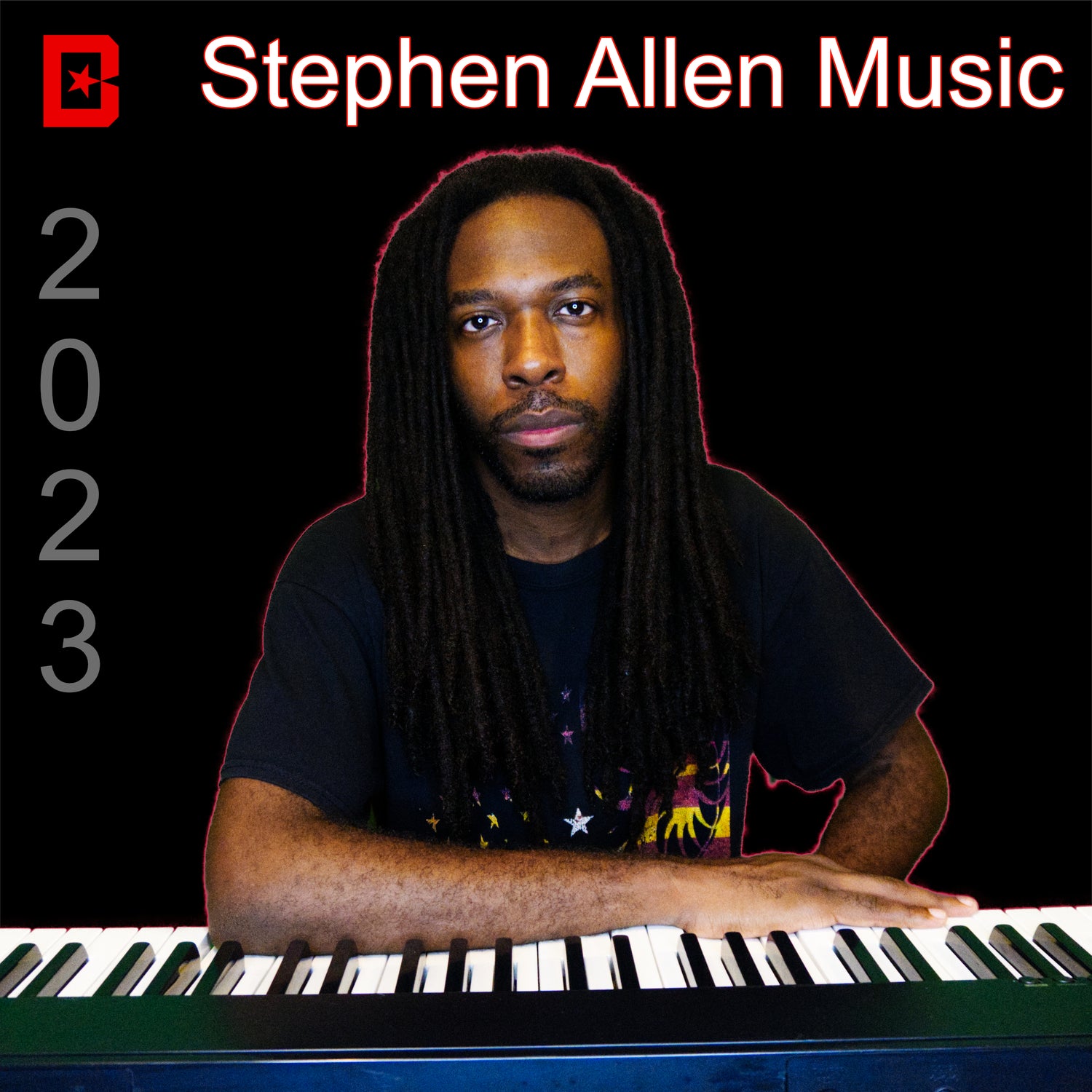 A digital image featuring a person at a keyboard with the text 'Stephen Allen Music' and the years '2023' prominently displayed.