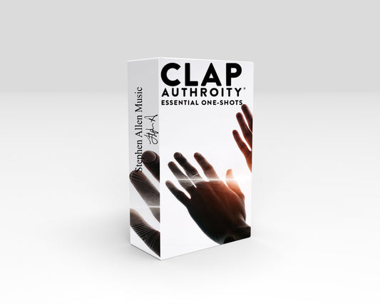 Product box for 'Clap Authority Essential One-Shots' with hands on a white background Stephen Allen Music