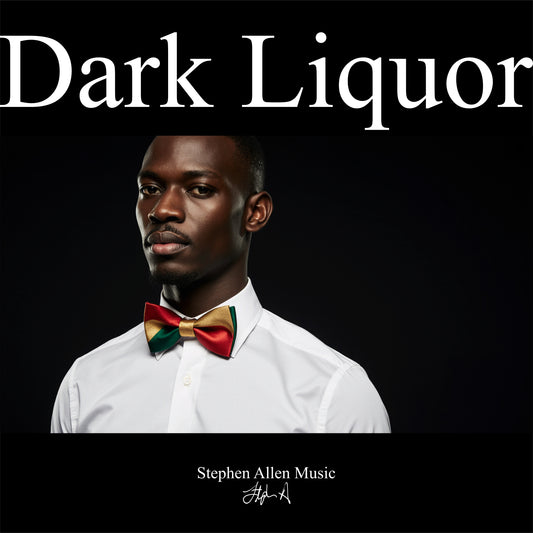 Album cover with a man wearing a colorful bow tie against a black background, featuring the text 'Dark Liquor' and 'Stephen Allen Music'.