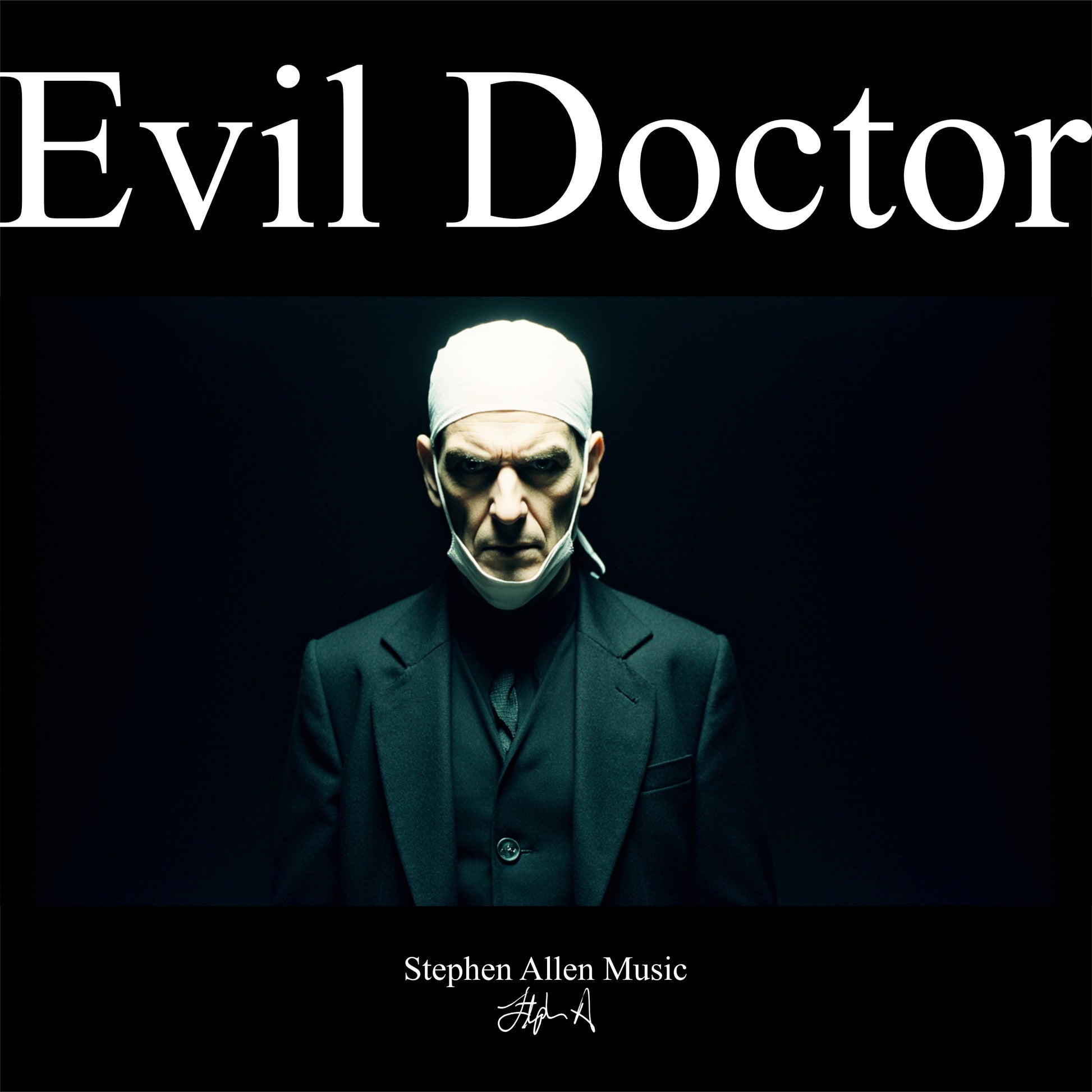 Album cover with a doctor in a dark suit and white mask against a black background, featuring the text 'Evil Doctor' and 'Stephen Allen Music'.