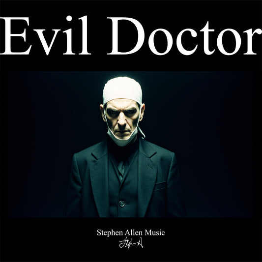 Album cover with a doctor in a dark suit and white mask against a black background, featuring the text 'Evil Doctor' and 'Stephen Allen Music'.