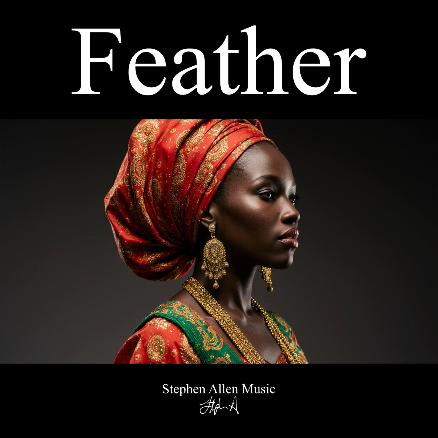 Album cover with a woman in traditional attire and the word 'Feather' above, featuring Stephen Allen Music branding.