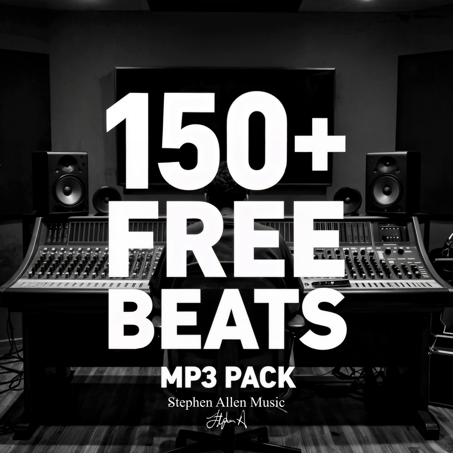Studio setup with mixing console and speakers, featuring text about free beats pack. Stephen Allen Music