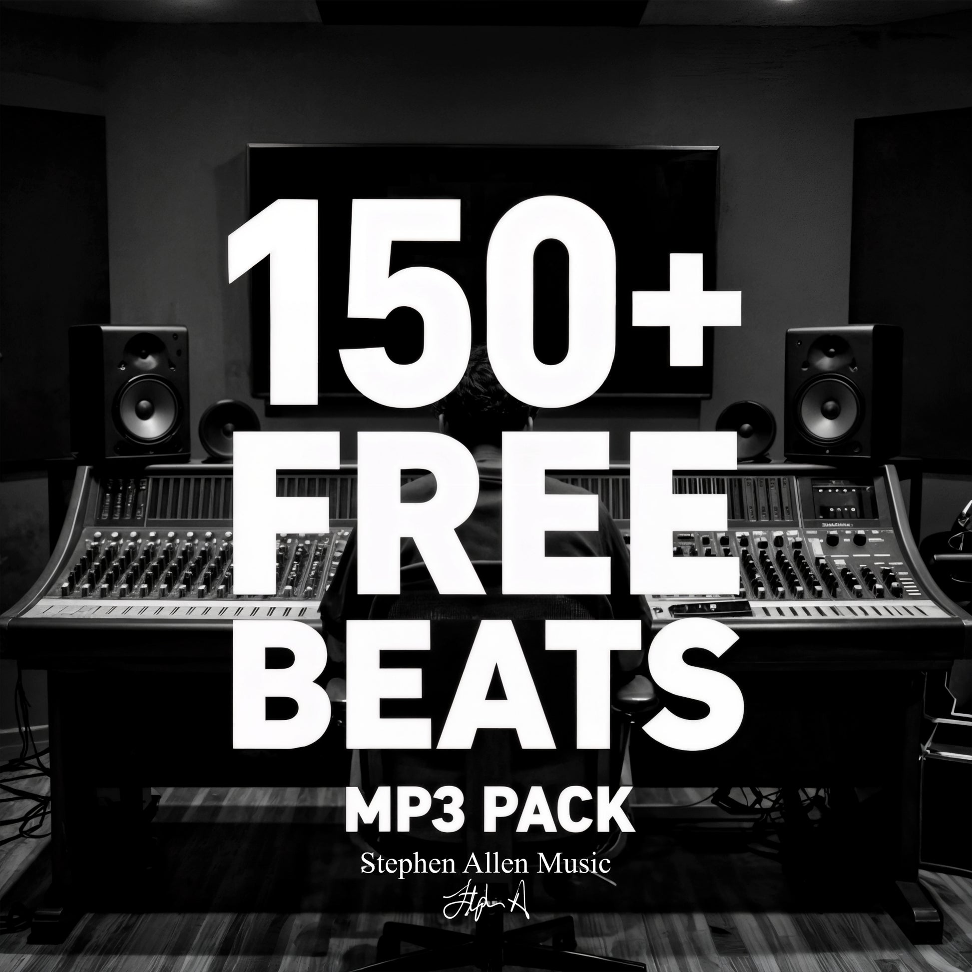 Studio setup with mixing console and speakers, featuring text about free beats pack. Stephen Allen Music