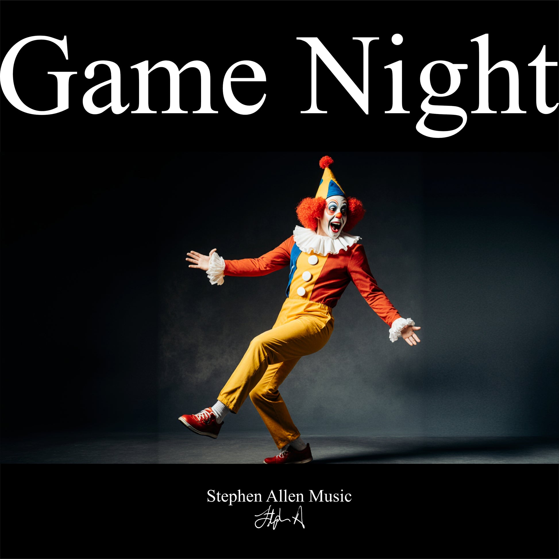 Clown in a colorful costume with 'Game Night' text and Stephen Allen Music logo.