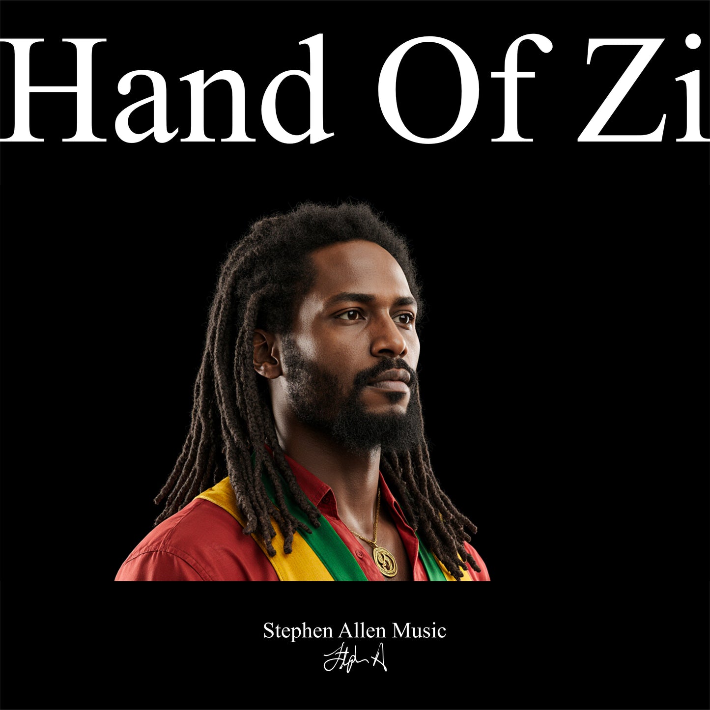 Album cover with a person wearing a red, yellow, and green outfit on a black background with 'Hand Of Zi' text. Stephen Allen Music