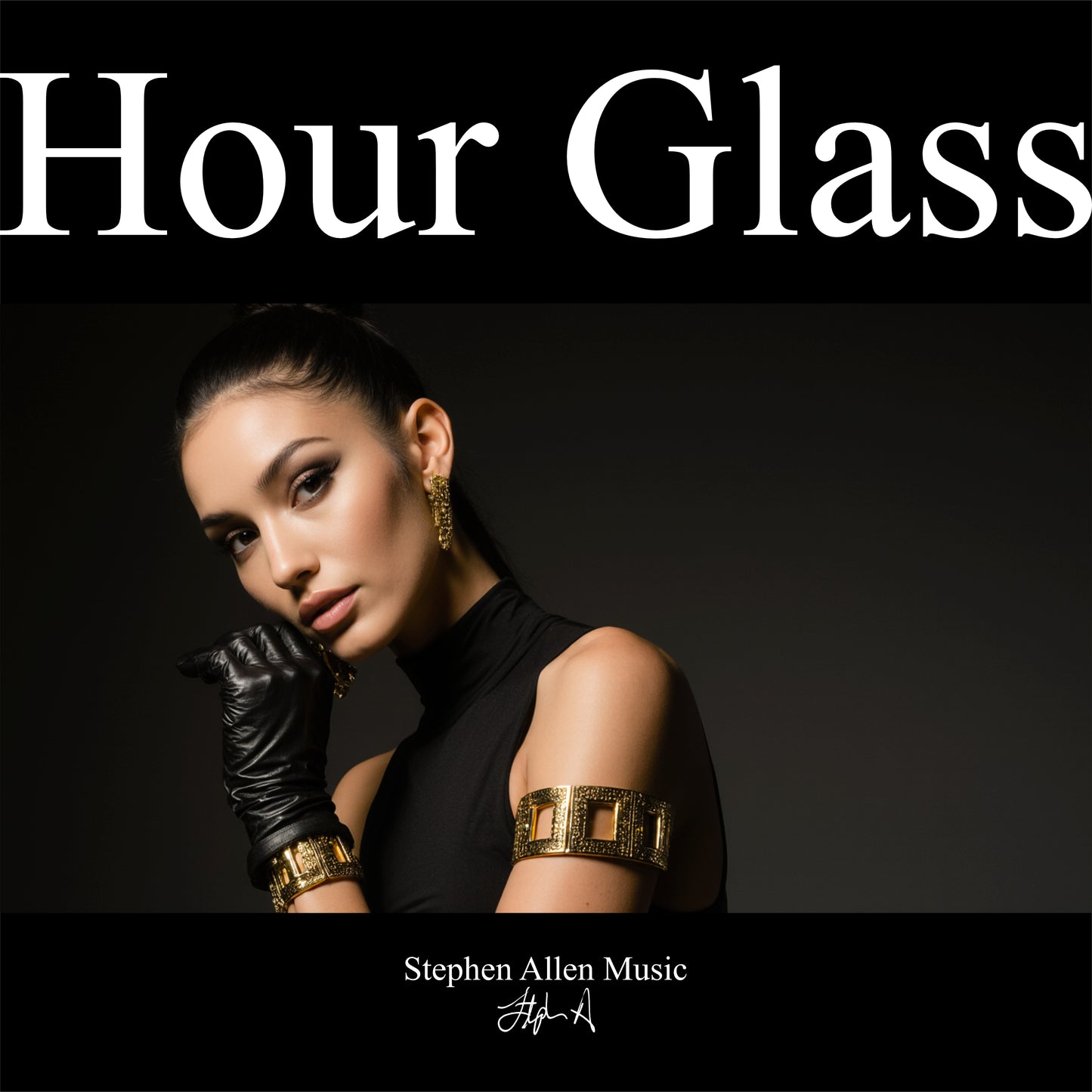 Album cover with a woman in black and gold attire, text 'Hour Glass' and 'Stephen Allen Music'.