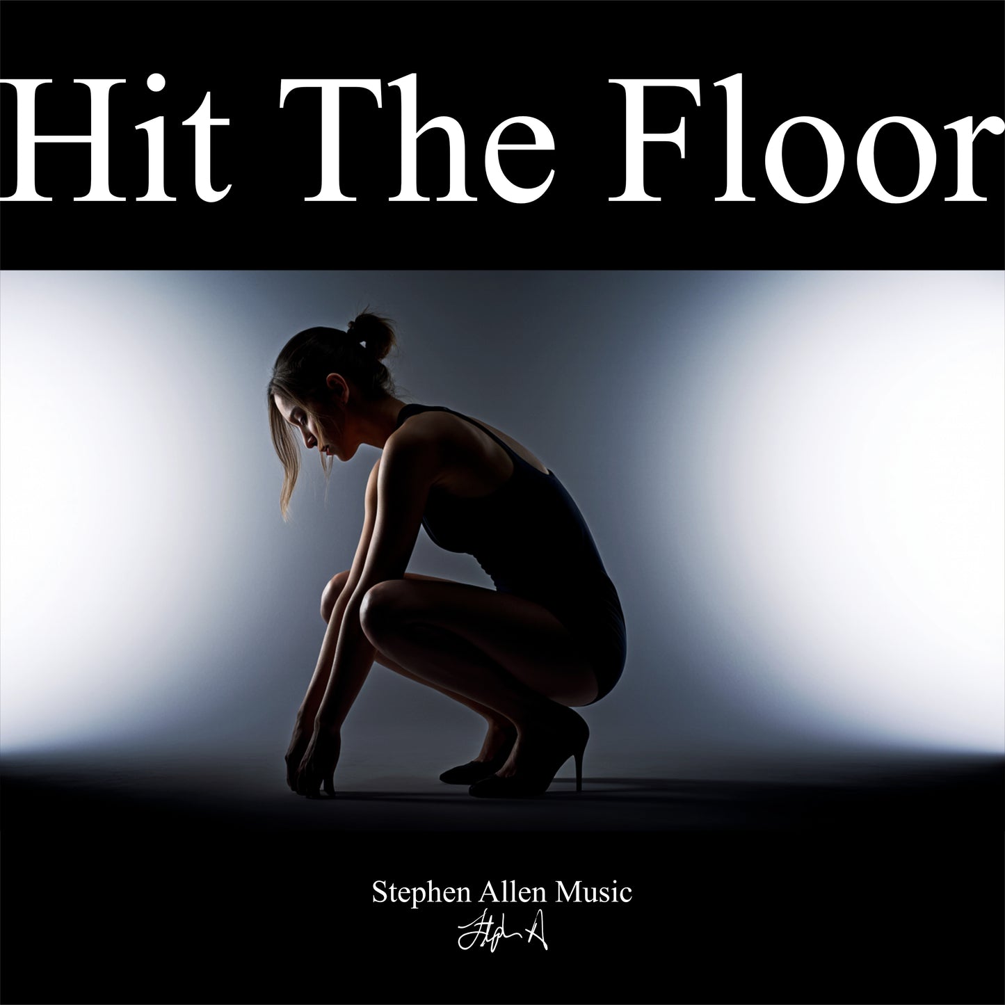 Album cover with a silhouette of a person in high heels and the text 'Hit The Floor' by Stephen Allen Music.