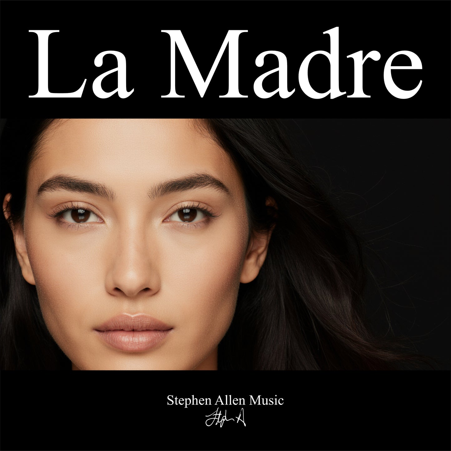 Album cover with a woman's face and 'La Madre' text on a black background Stephen Allen Music