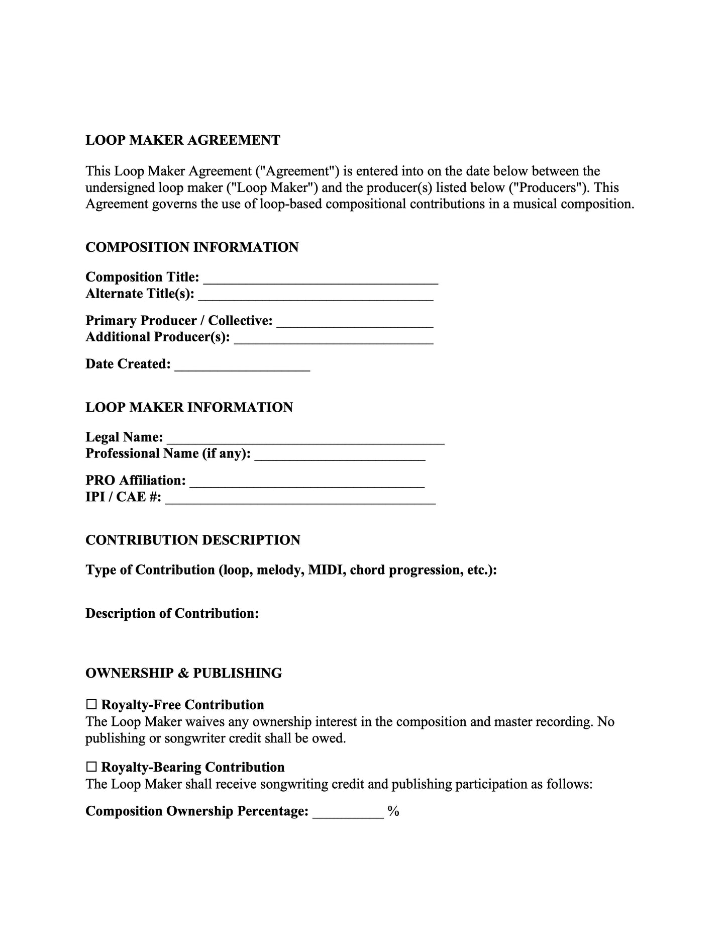Loop Maker Agreement form on a white background Stephen Allen Music