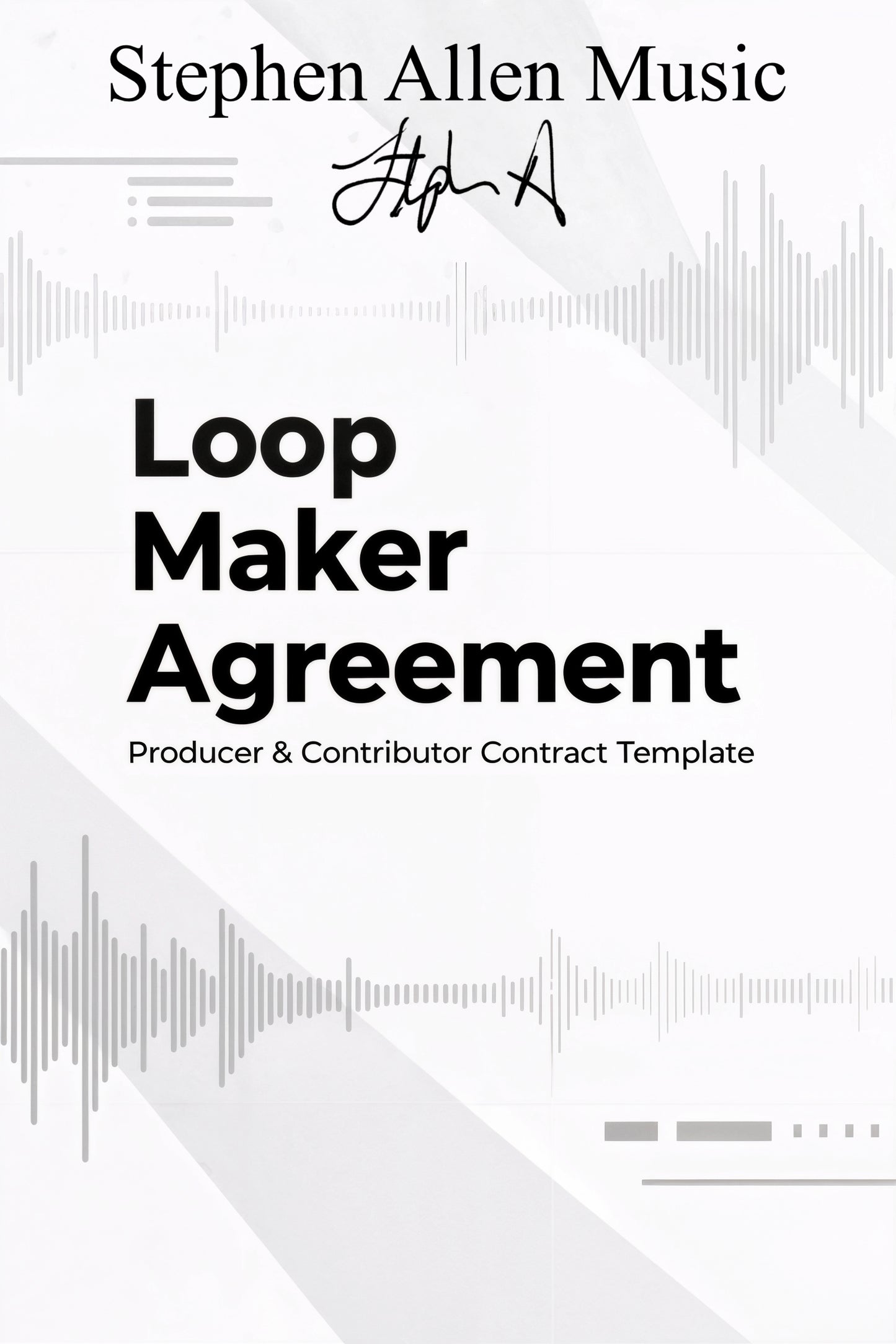 Document titled 'Loop Maker Agreement' by Stephen Allen Music with a signature and sound wave design.