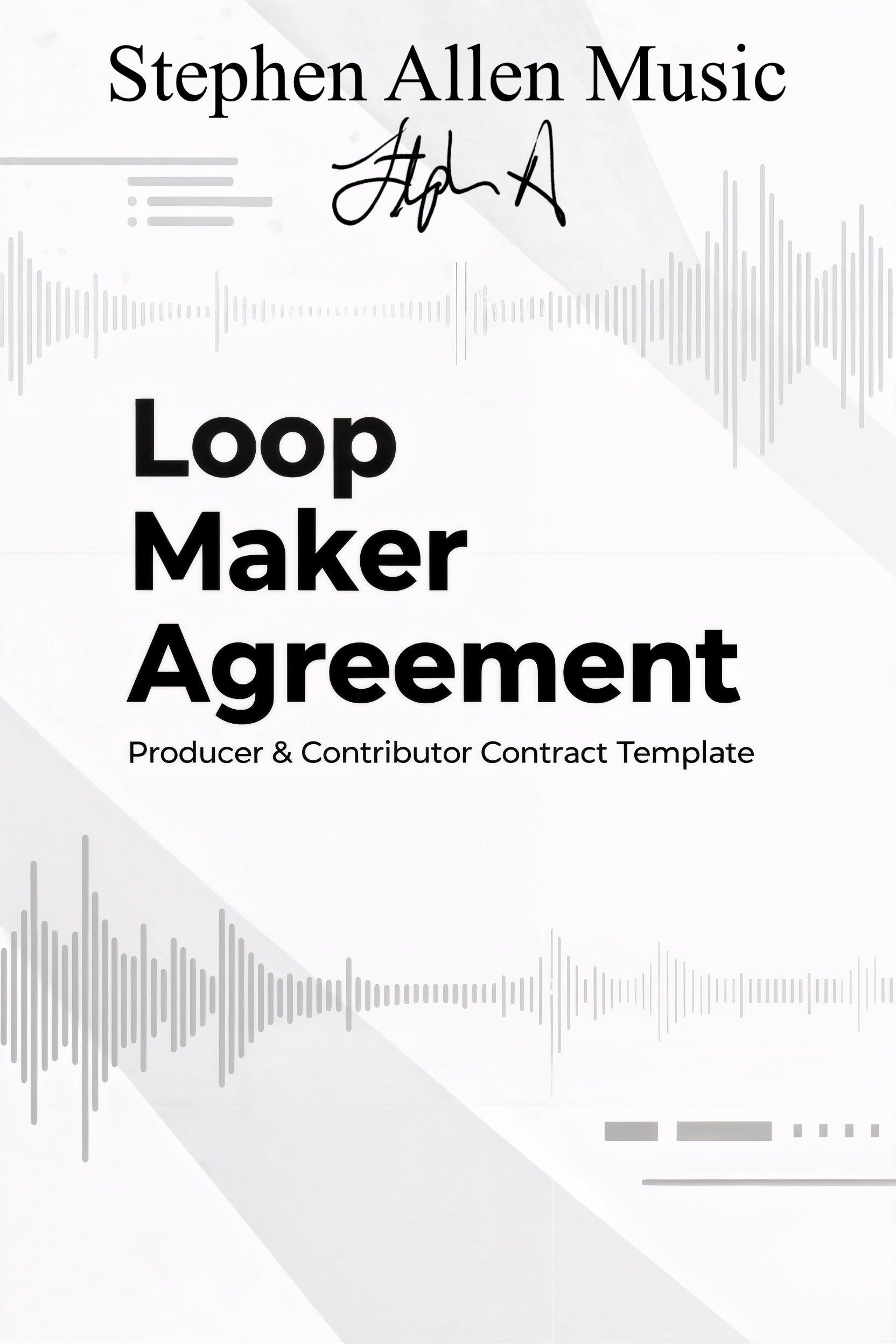 Document titled 'Loop Maker Agreement' by Stephen Allen Music with a signature and sound wave design.