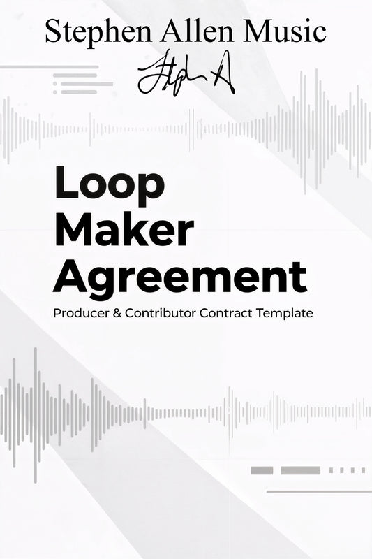 Document titled 'Loop Maker Agreement' by Stephen Allen Music with a signature and sound wave design.