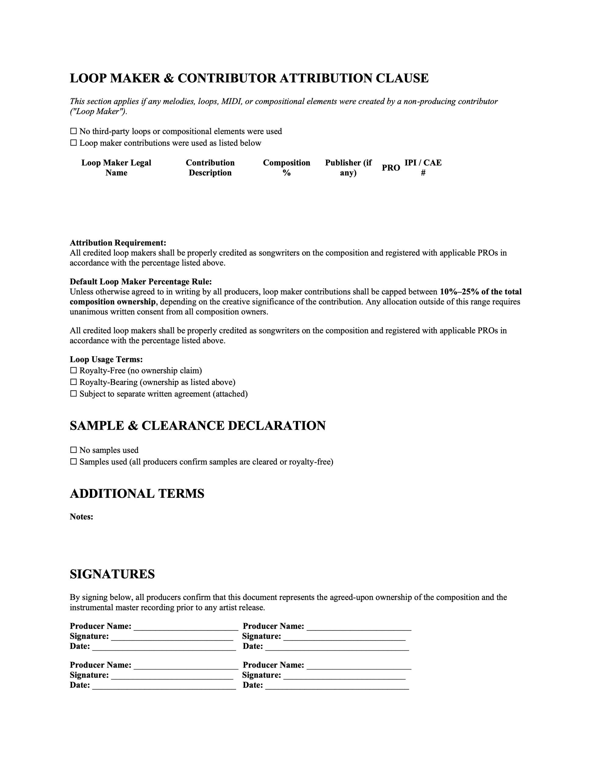Legal document titled 'Loop Maker & Contributor Attribution Clause' on a white background Stephen Allen Music