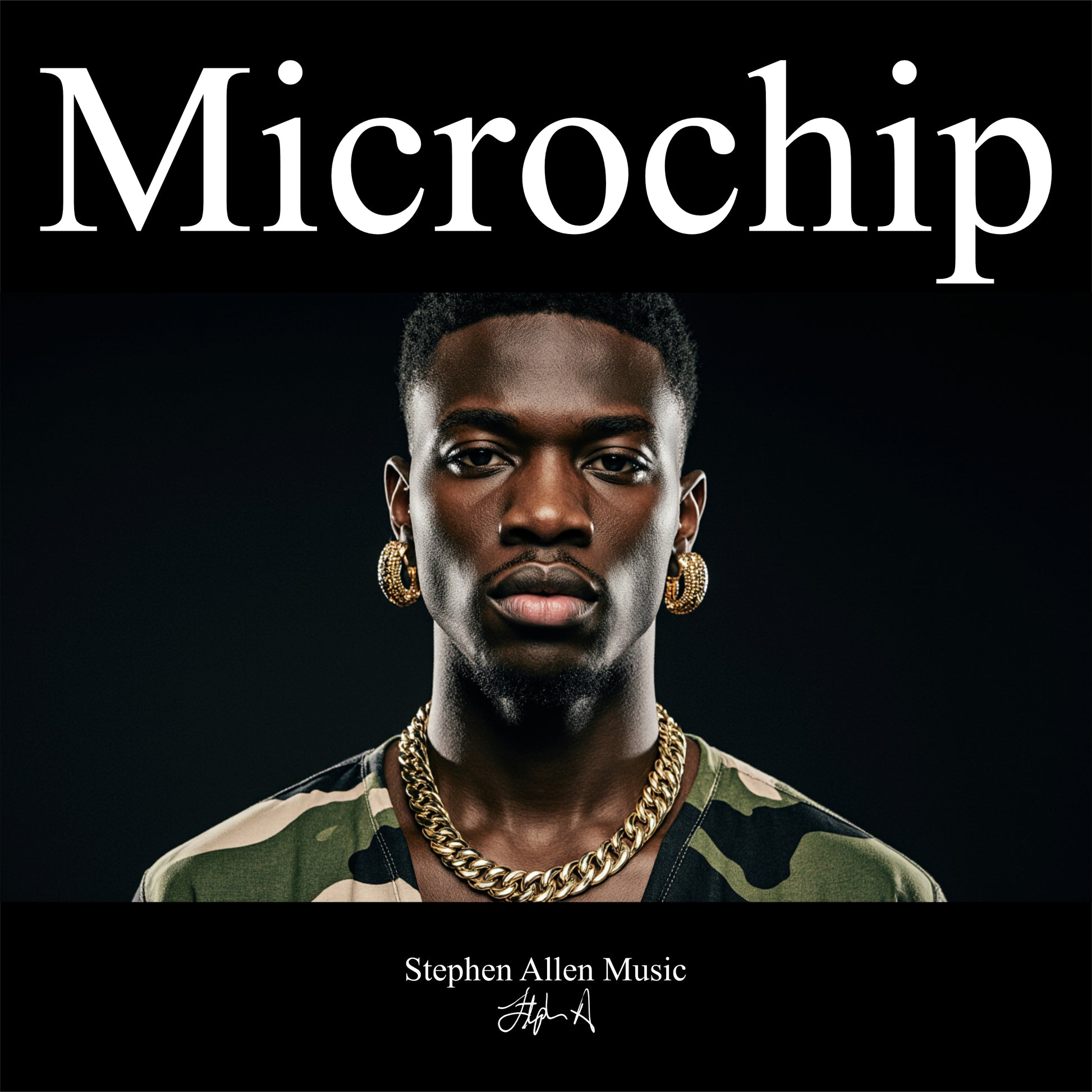 Album cover with a person wearing gold jewelry against a black background, featuring the text 'Microchip' and 'Stephen Allen Music'.