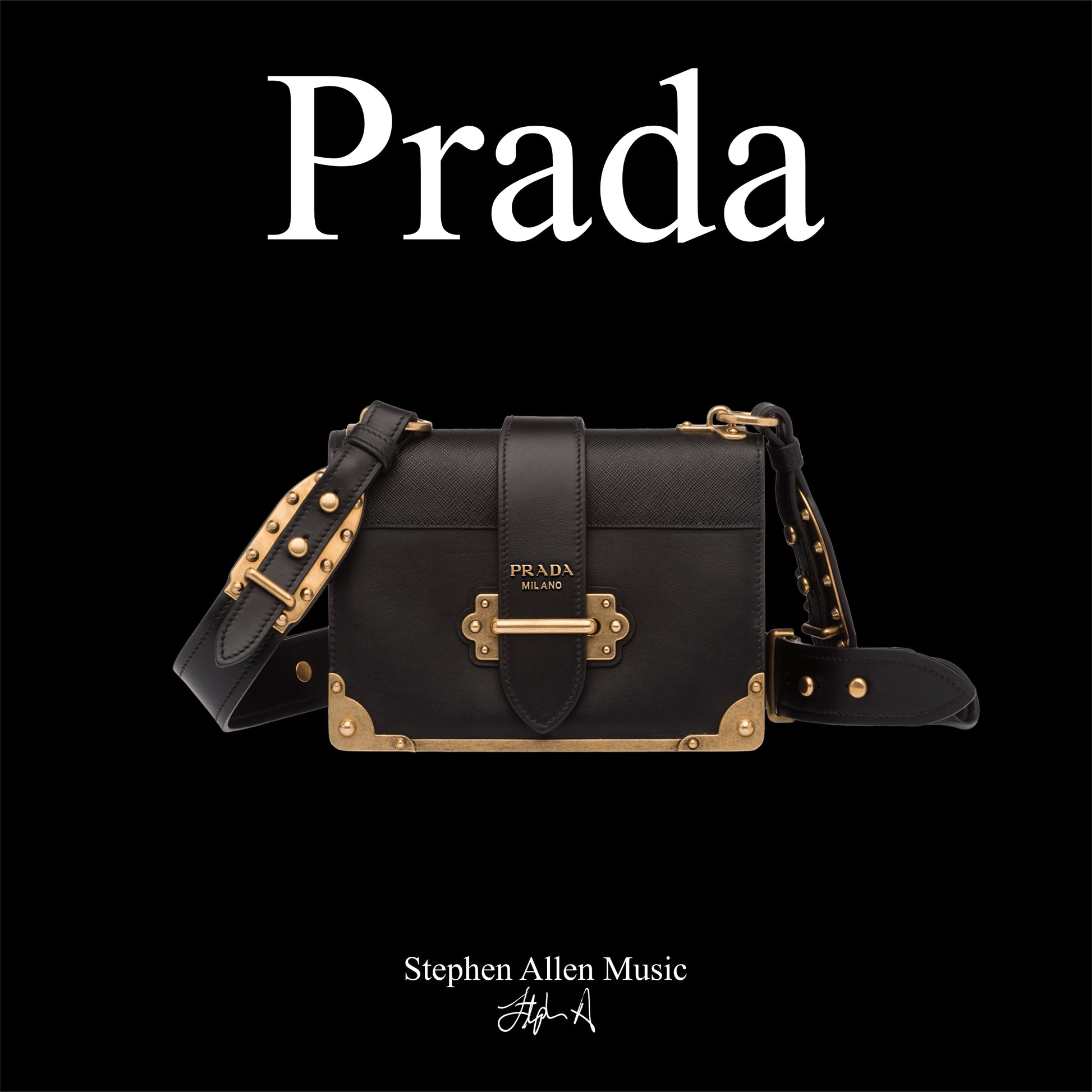 Black Prada handbag with gold accents on a black background, featuring the Prada logo. Stephen Allen Music